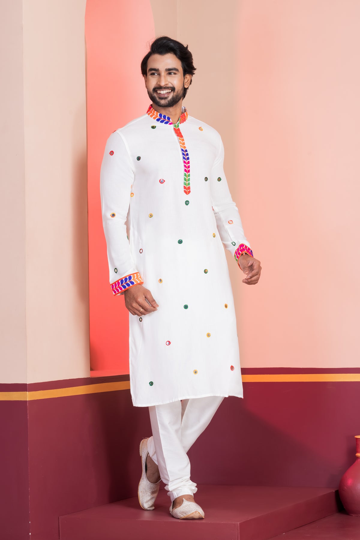 Classic White Kurta with Colorful Mirror Work