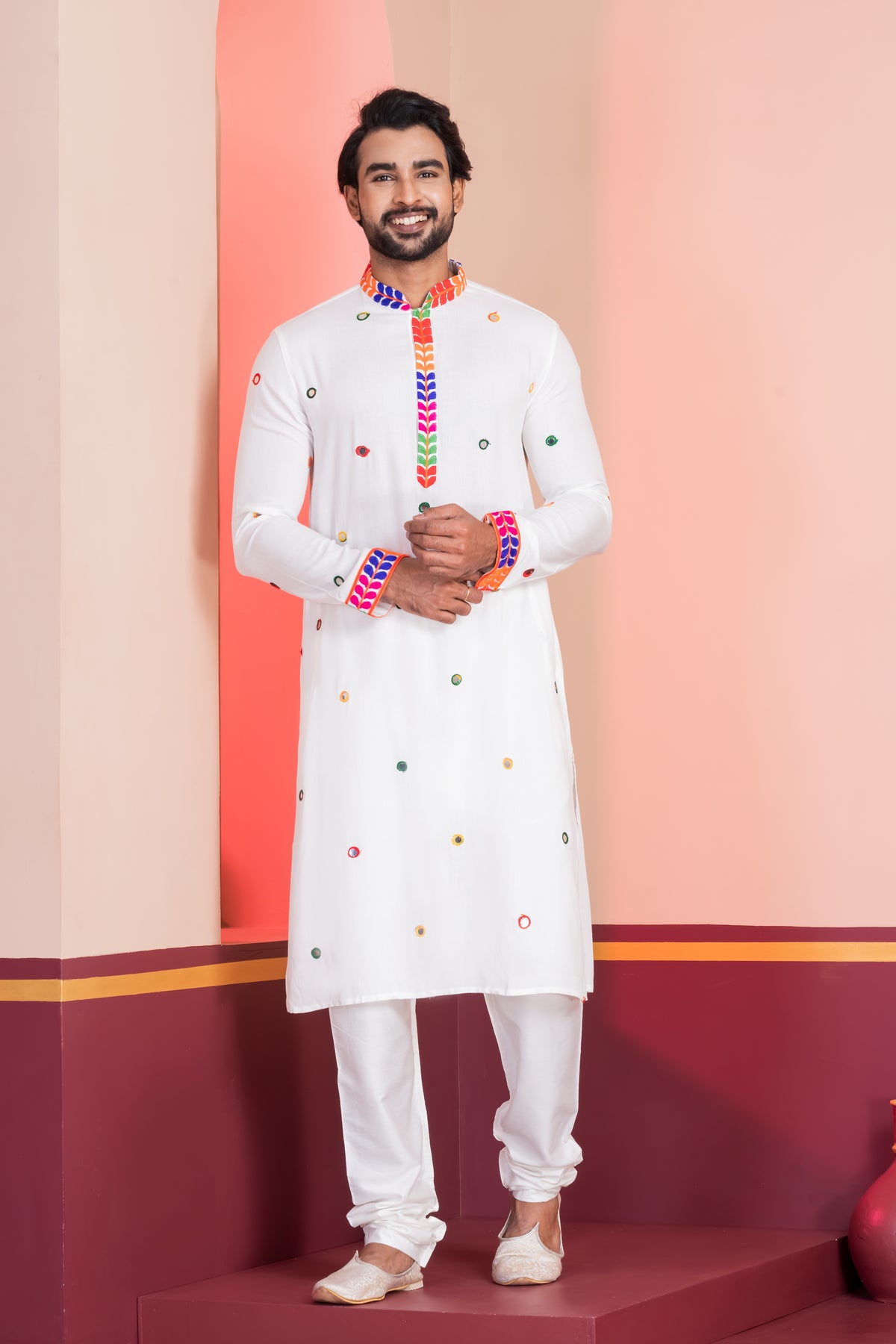 Classic White Kurta with Colorful Mirror Work