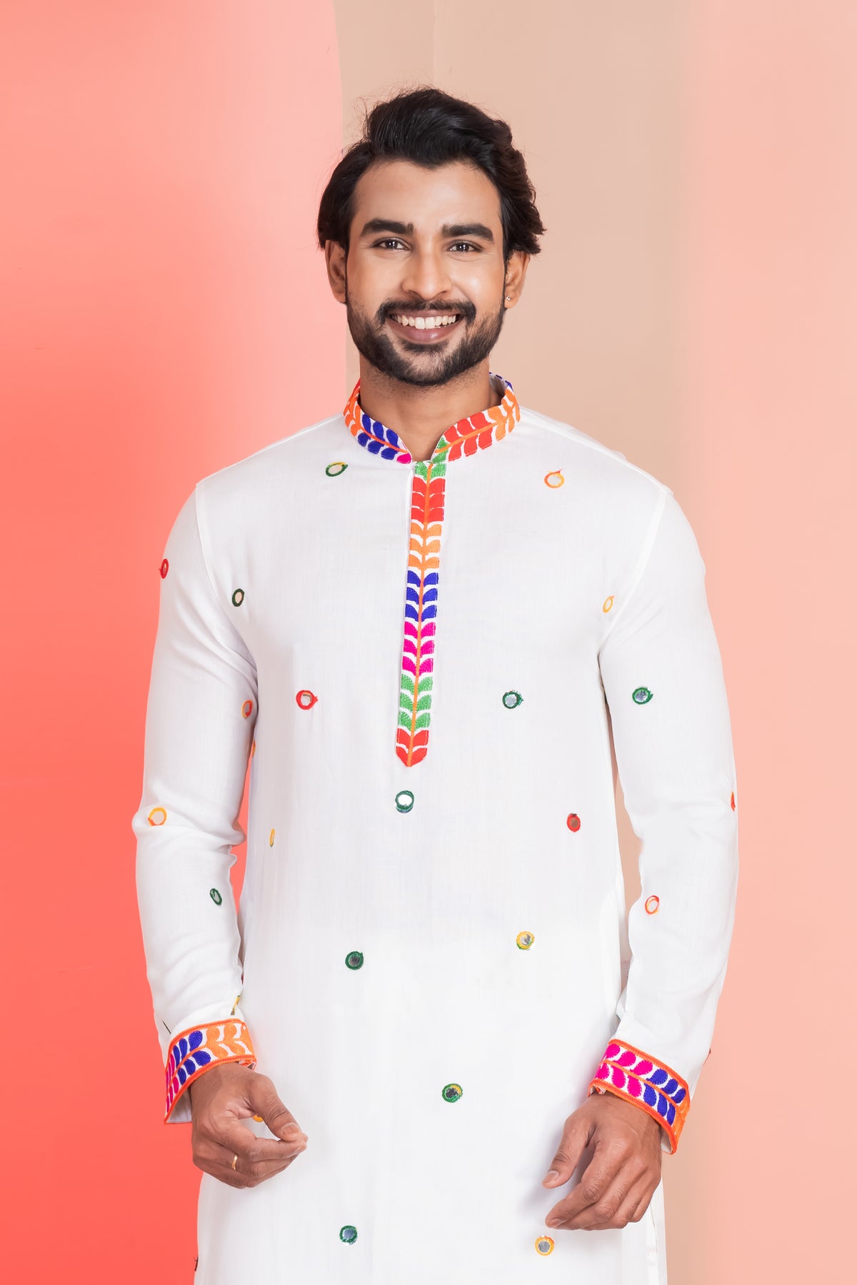 Classic White Kurta with Colorful Mirror Work