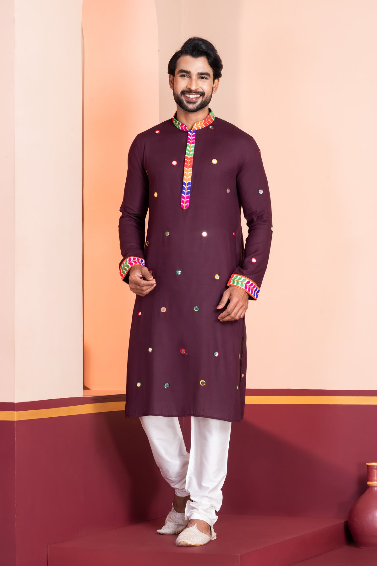 Rich Maroon Kurta Pajama with Mirror Detailing
