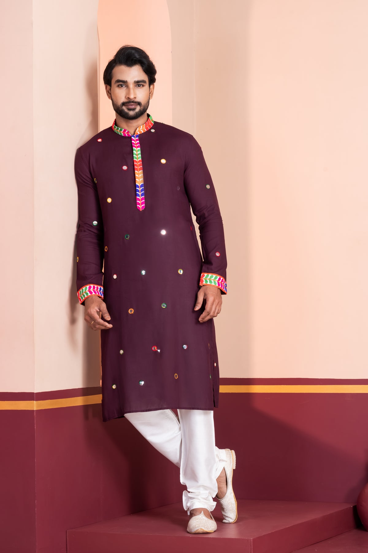 Rich Maroon Kurta Pajama with Mirror Detailing