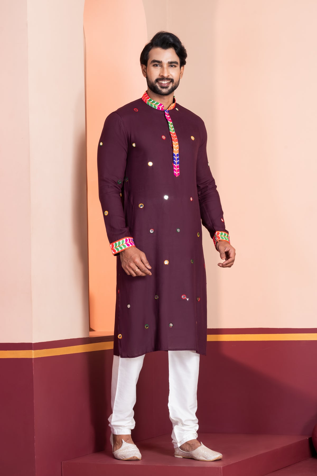 Rich Maroon Kurta Pajama with Mirror Detailing