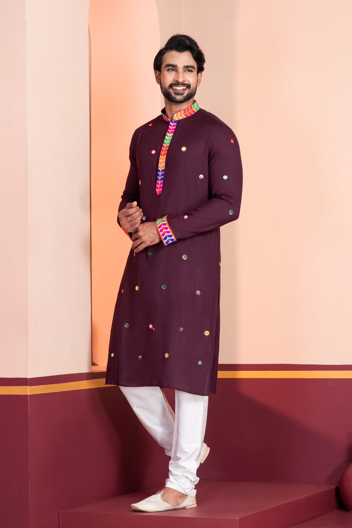 Rich Maroon Kurta Pajama with Mirror Detailing