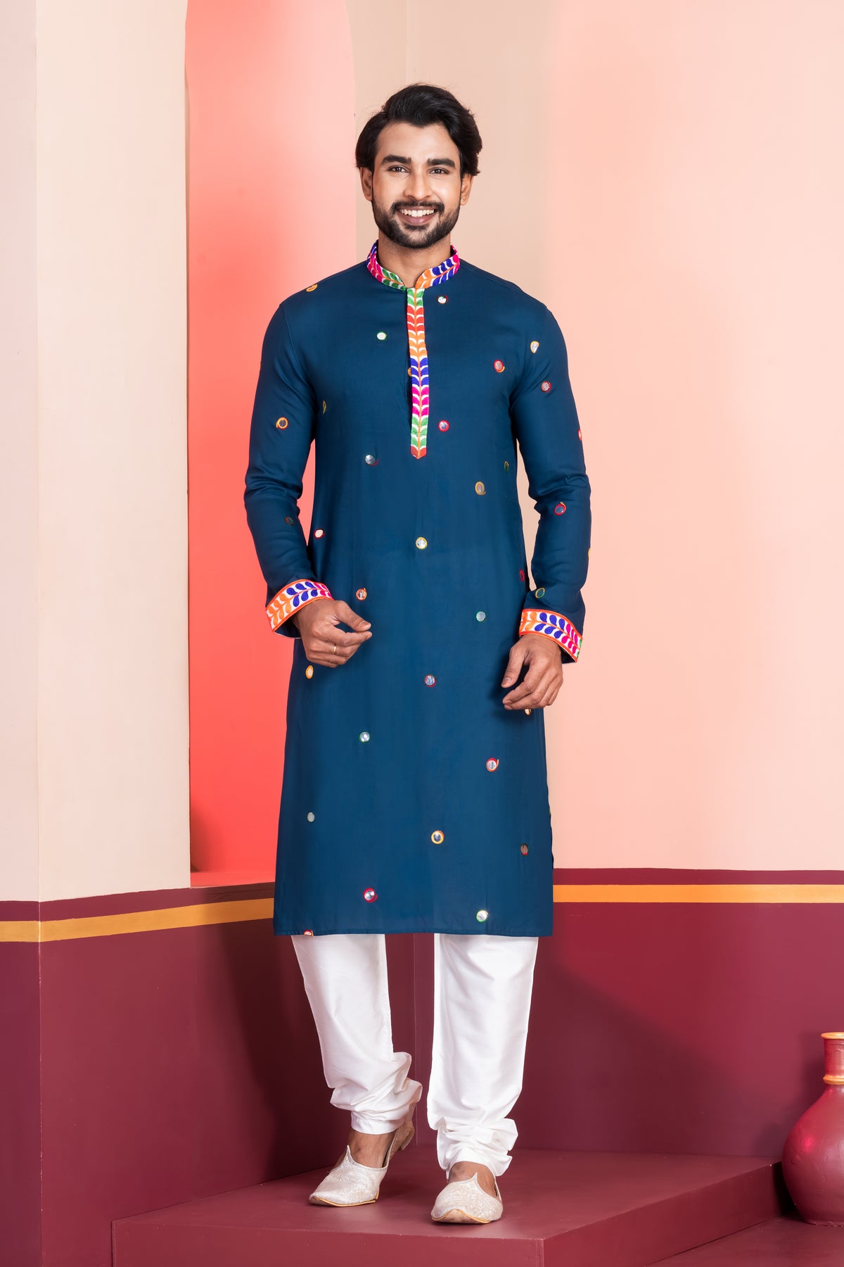 Multicolour Embroidered Navy Blue Kurta Pajama