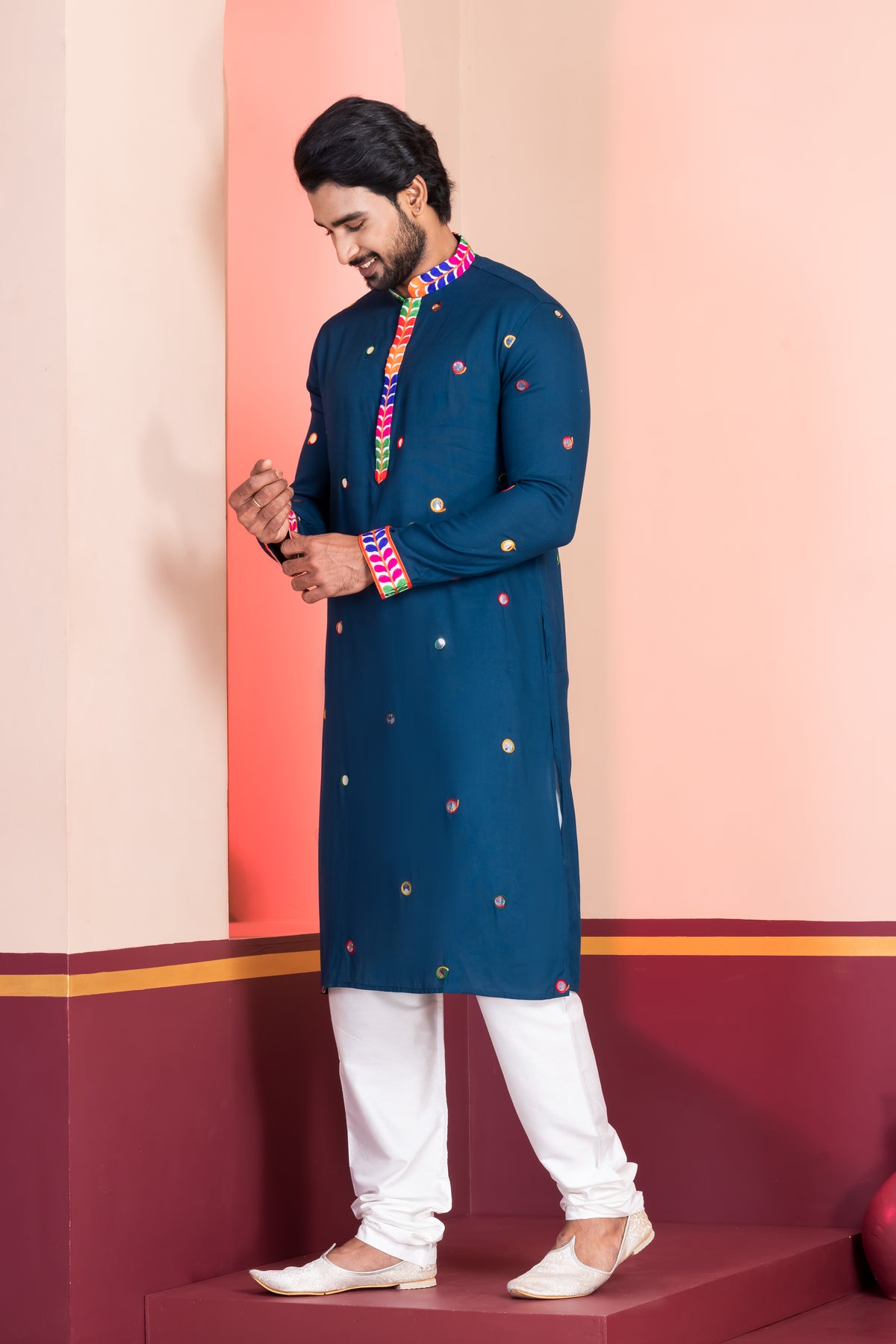 Multicolour Embroidered Navy Blue Kurta Pajama