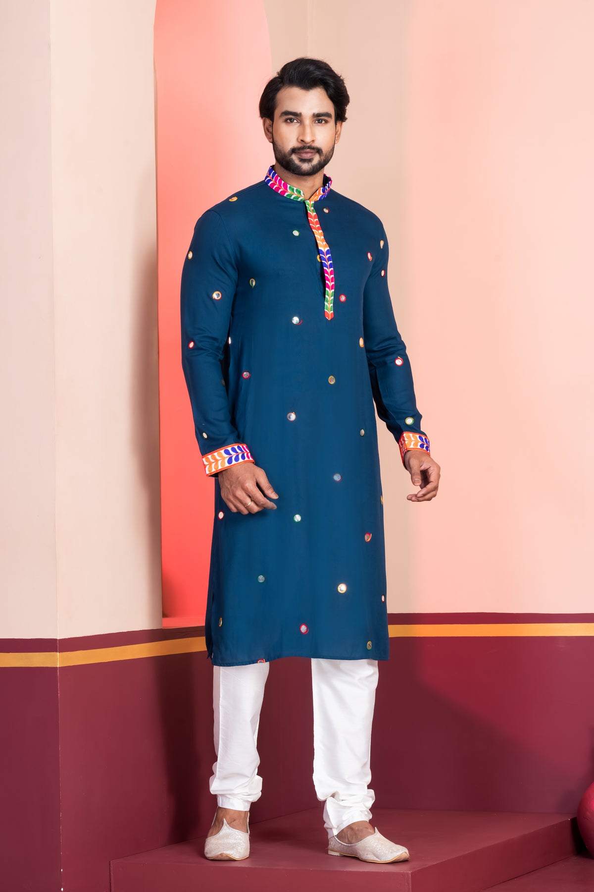 Multicolour Embroidered Navy Blue Kurta Pajama