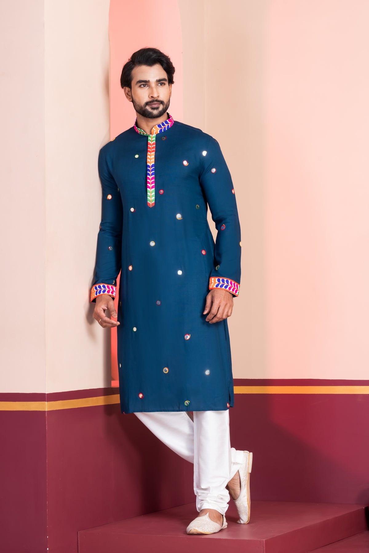 Multicolour Embroidered Navy Blue Kurta Pajama