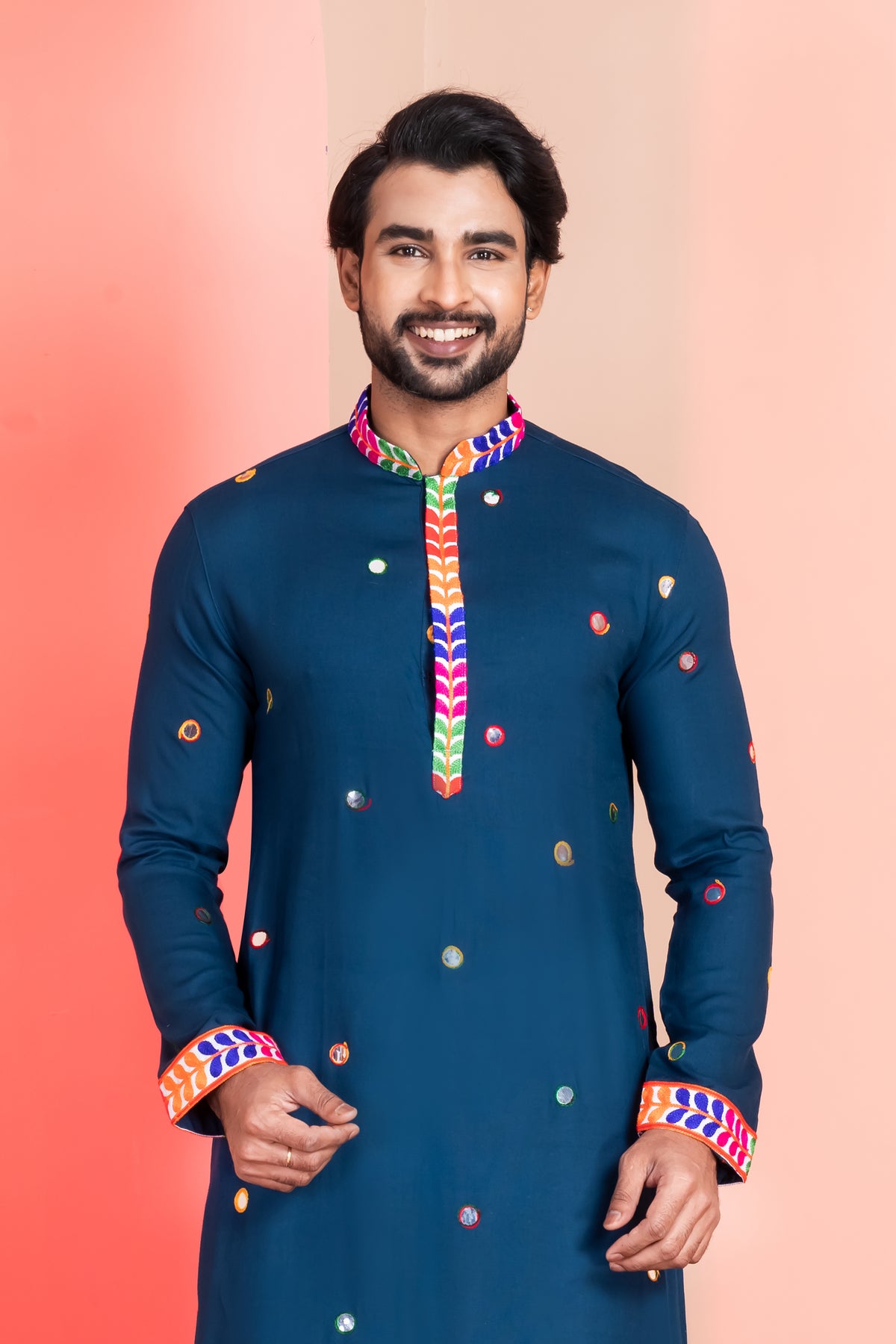 Multicolour Embroidered Navy Blue Kurta Pajama