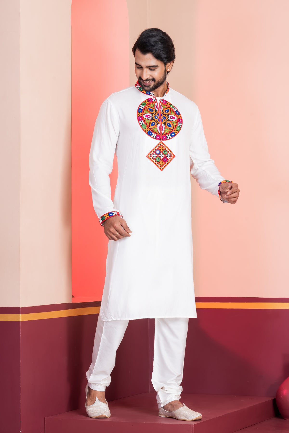 Classic White Kurta Pajama with Colorful Work