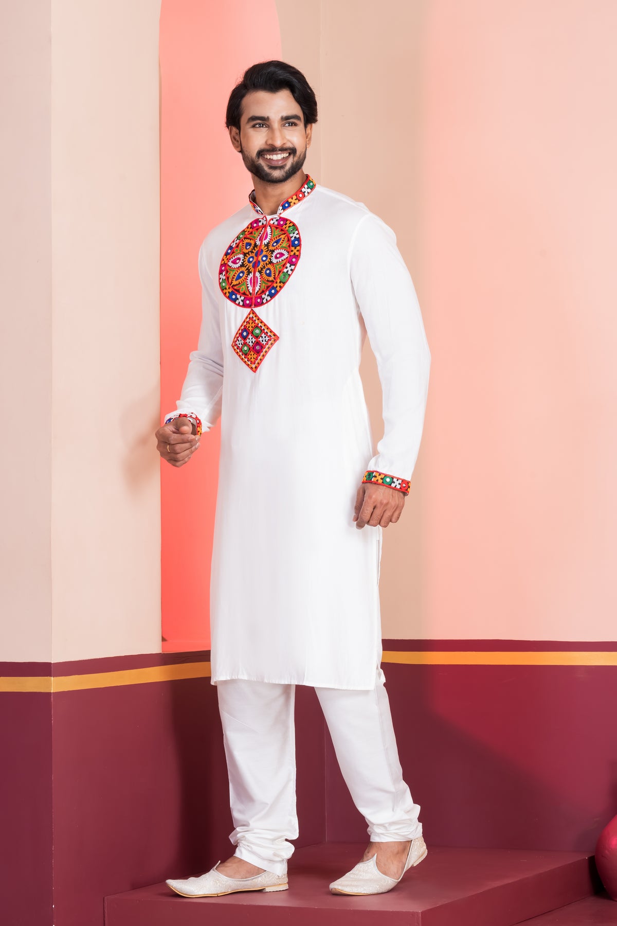 Classic White Kurta Pajama with Colorful Work