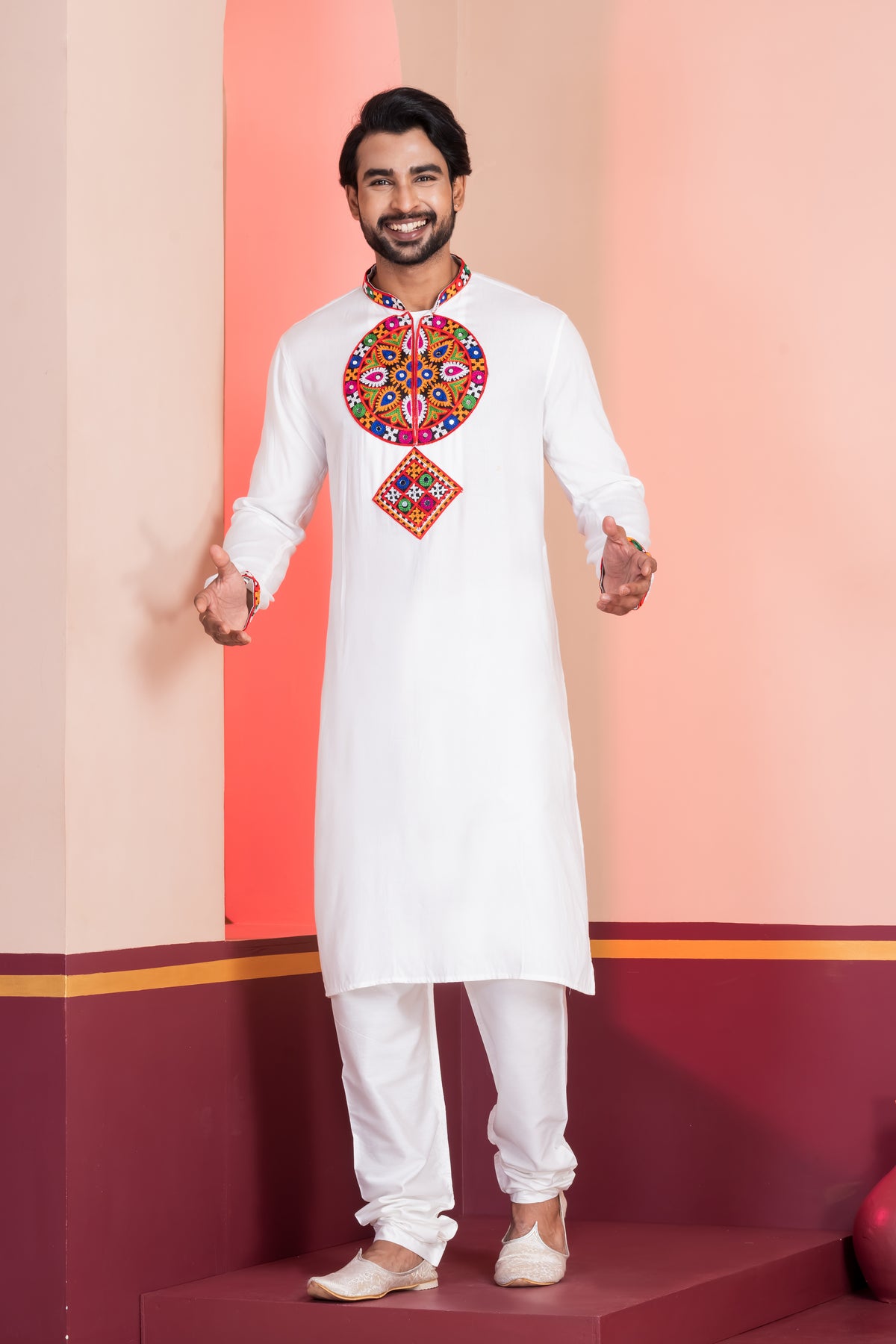 Classic White Kurta Pajama with Colorful Work