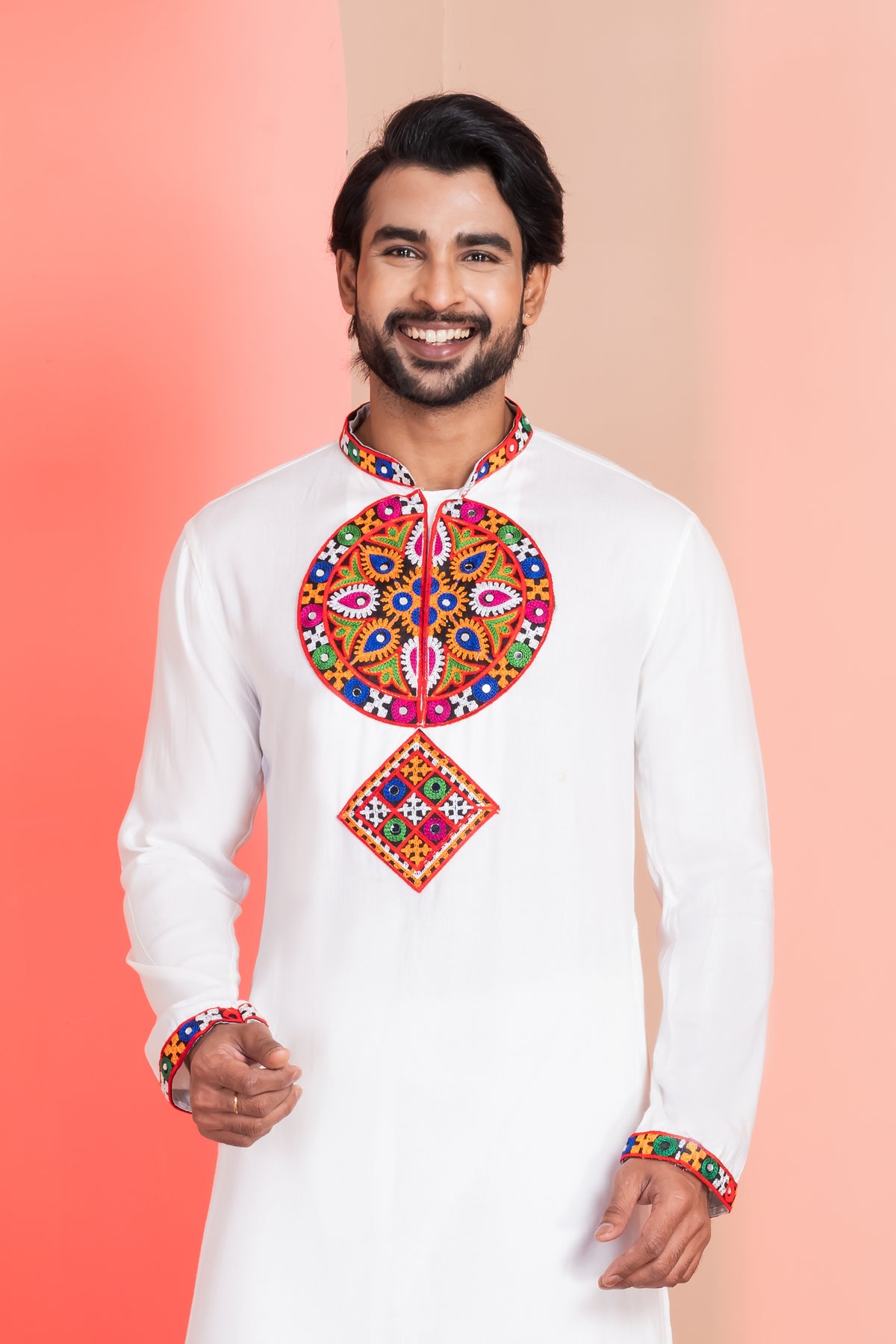 Classic White Kurta Pajama with Colorful Work