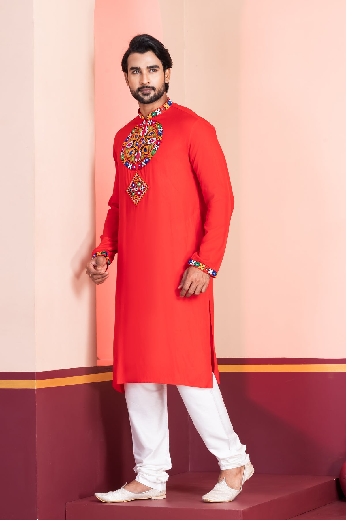 Festive Red Embroidered Kurta Pajama
