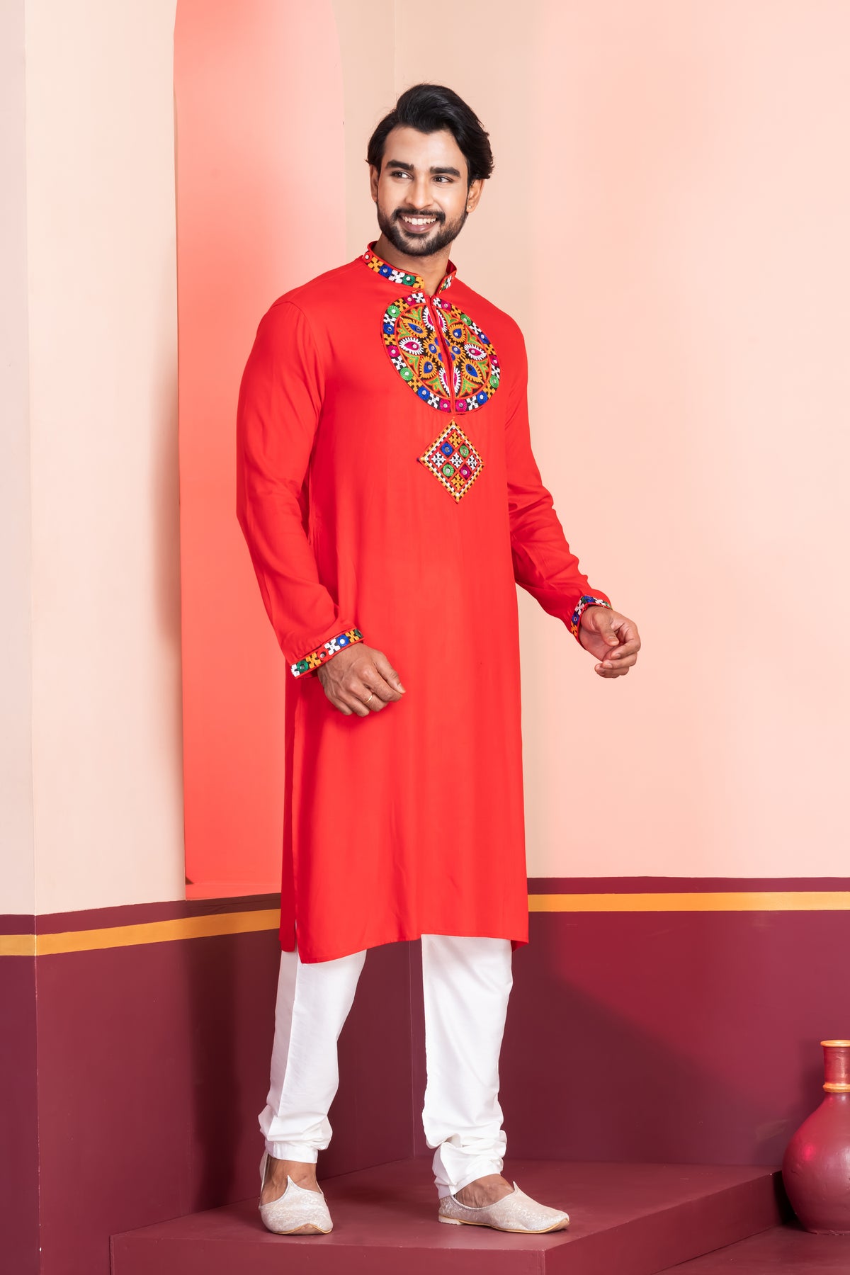 Festive Red Embroidered Kurta Pajama