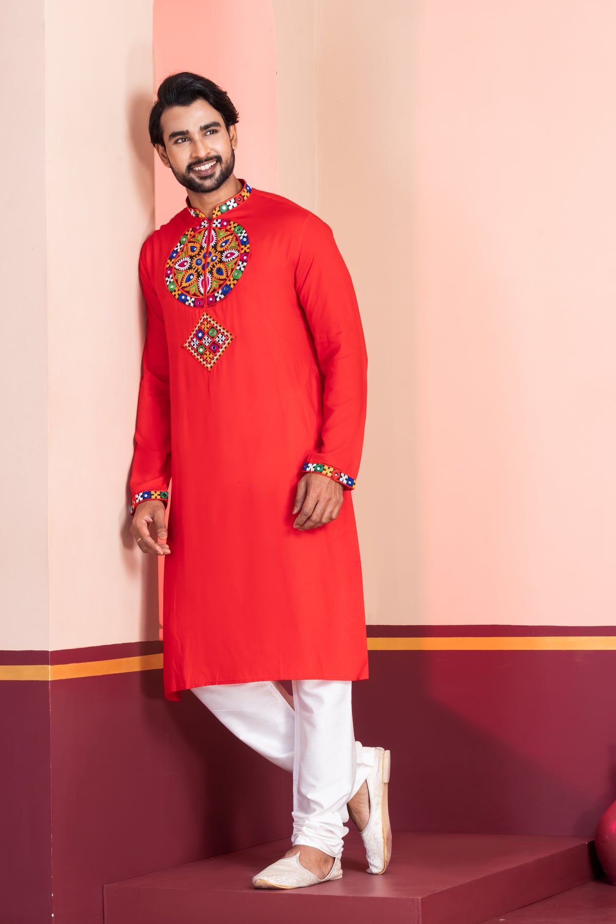 Festive Red Embroidered Kurta Pajama
