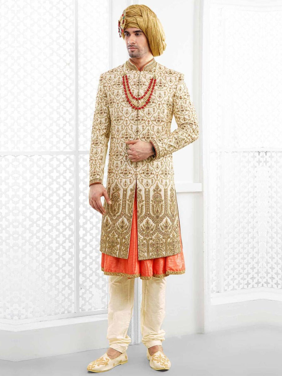 Wedding Wear Cream Sherwani for Men.