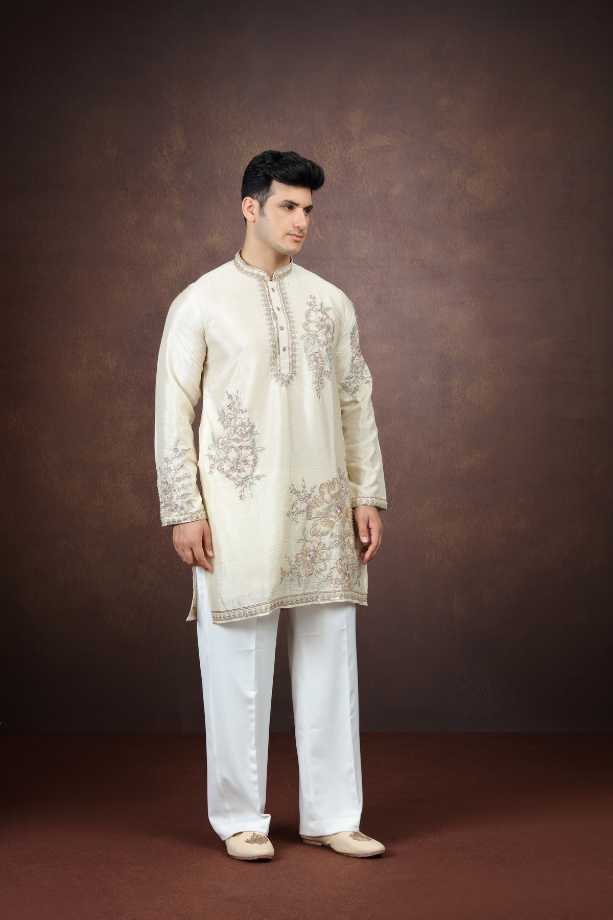 Cream Floral Work Silk Kurta Pajama Set