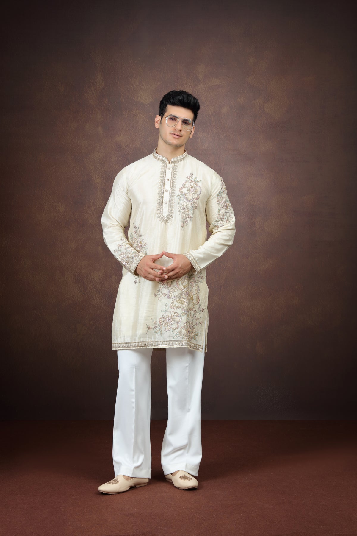 Cream Floral Work Silk Kurta Pajama Set