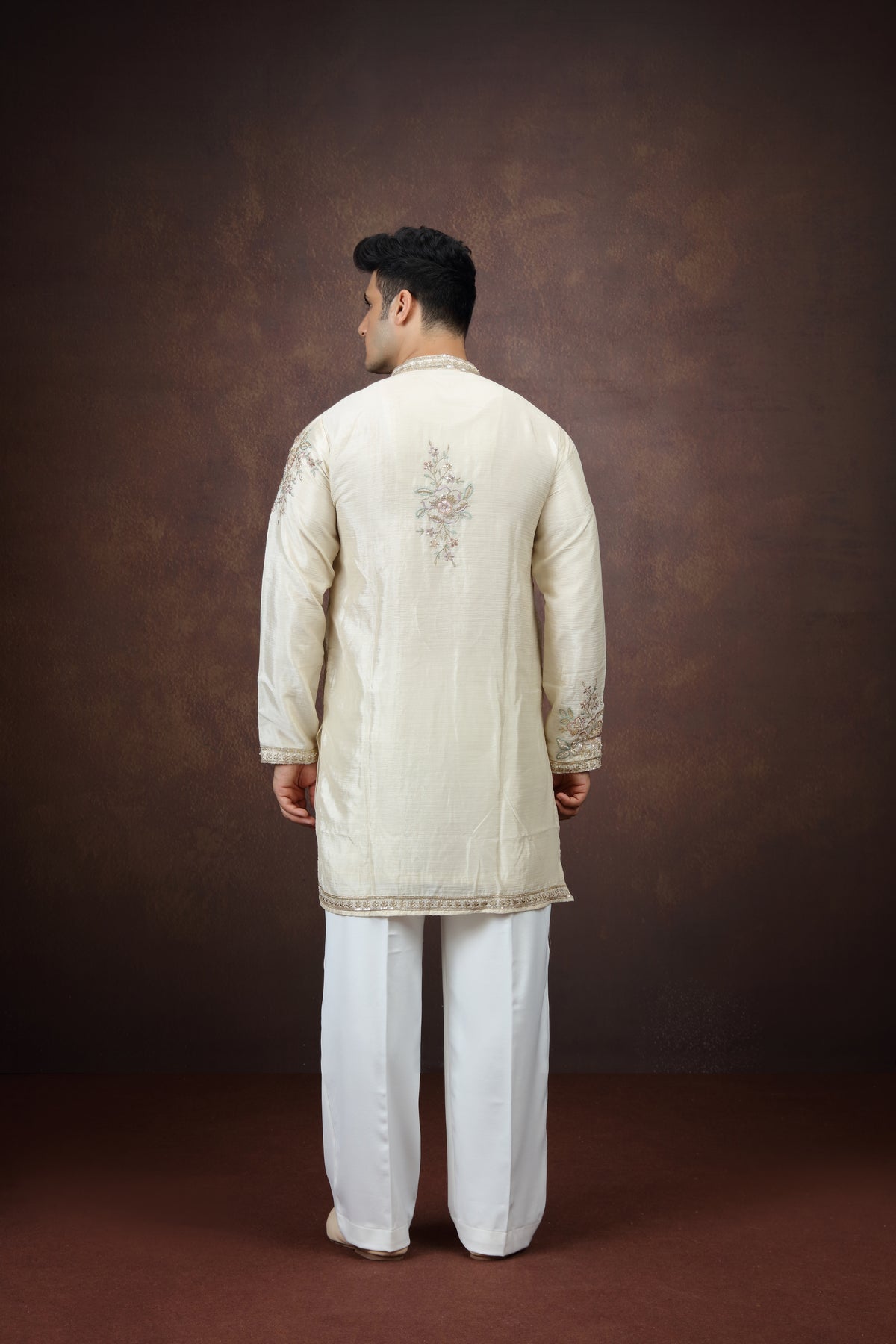Cream Floral Work Silk Kurta Pajama Set