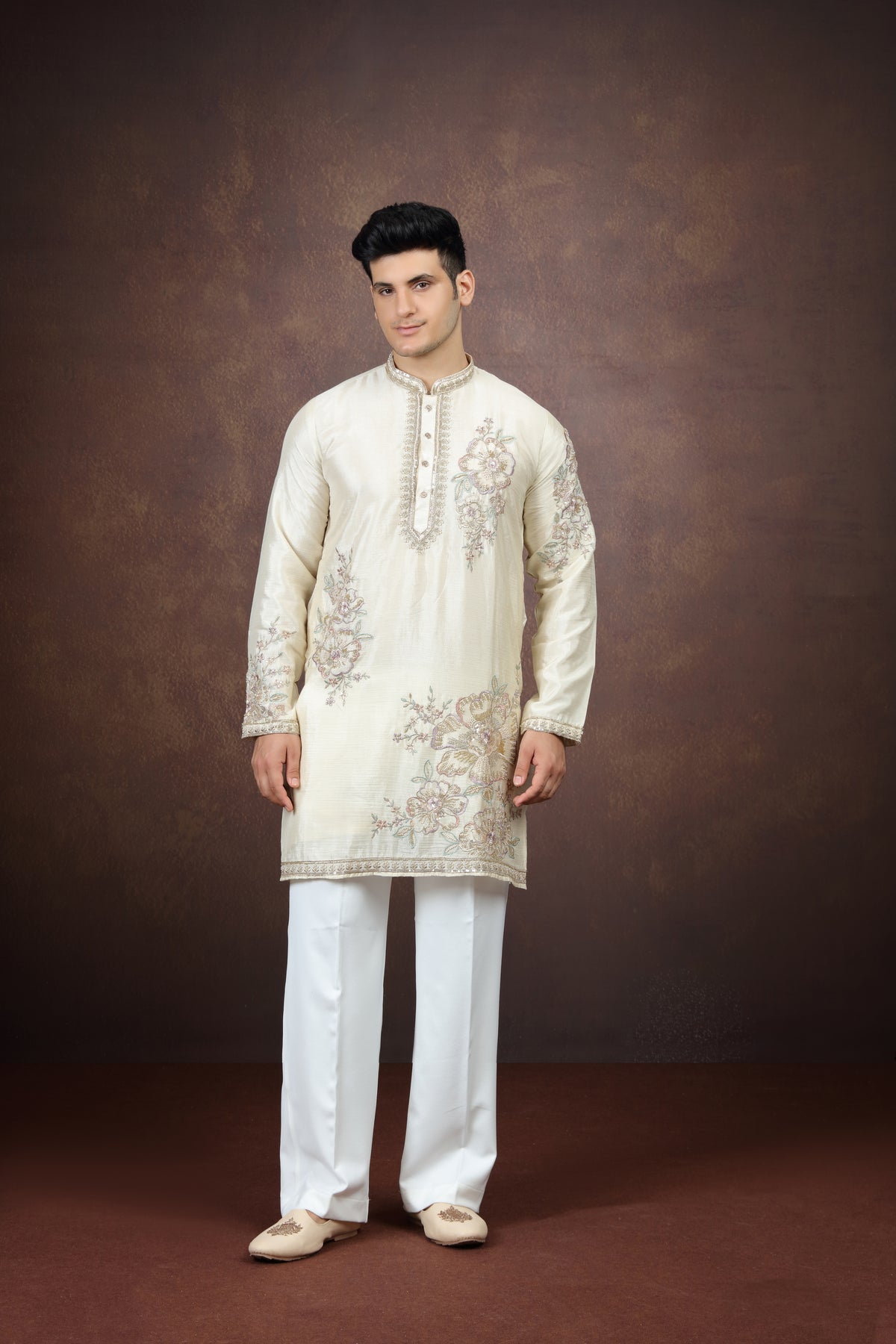 Cream Floral Work Silk Kurta Pajama Set
