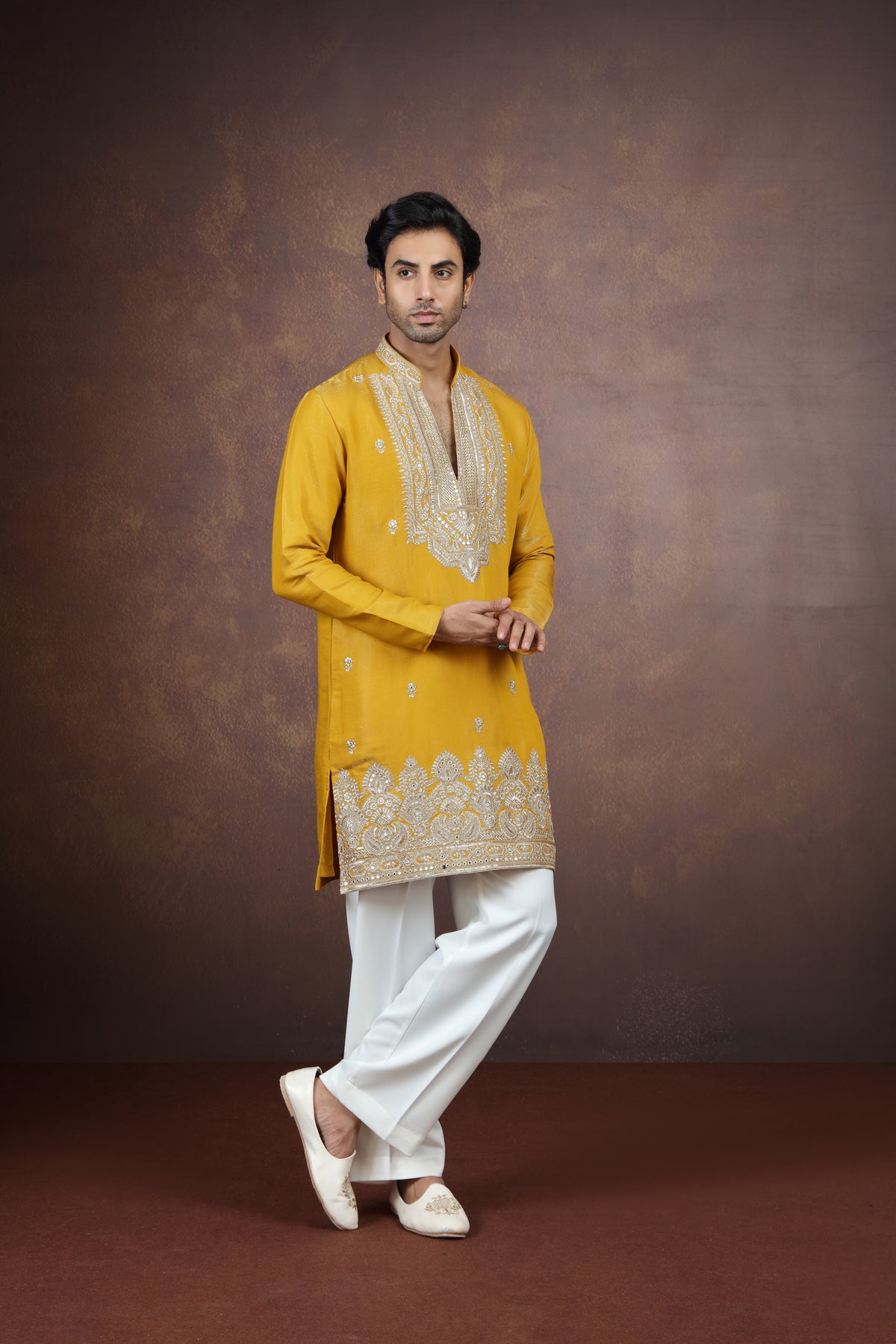 Gold Ornamental Border Kurta Pyjama Set