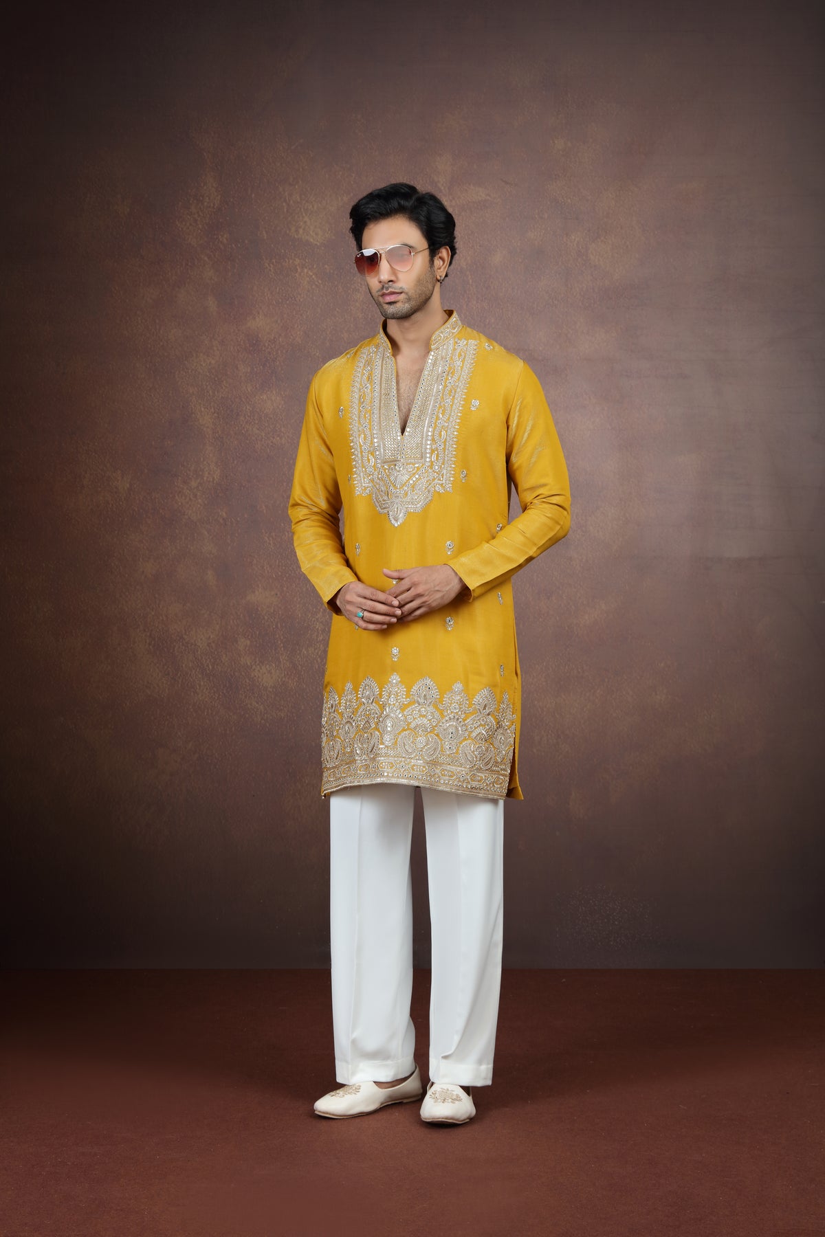 Gold Ornamental Border Kurta Pyjama Set