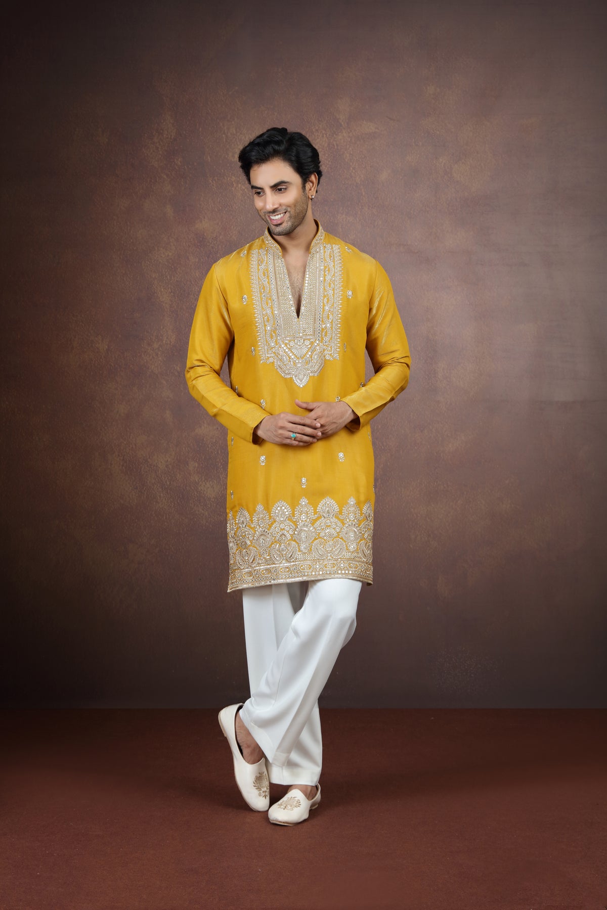 Gold Ornamental Border Kurta Pyjama Set
