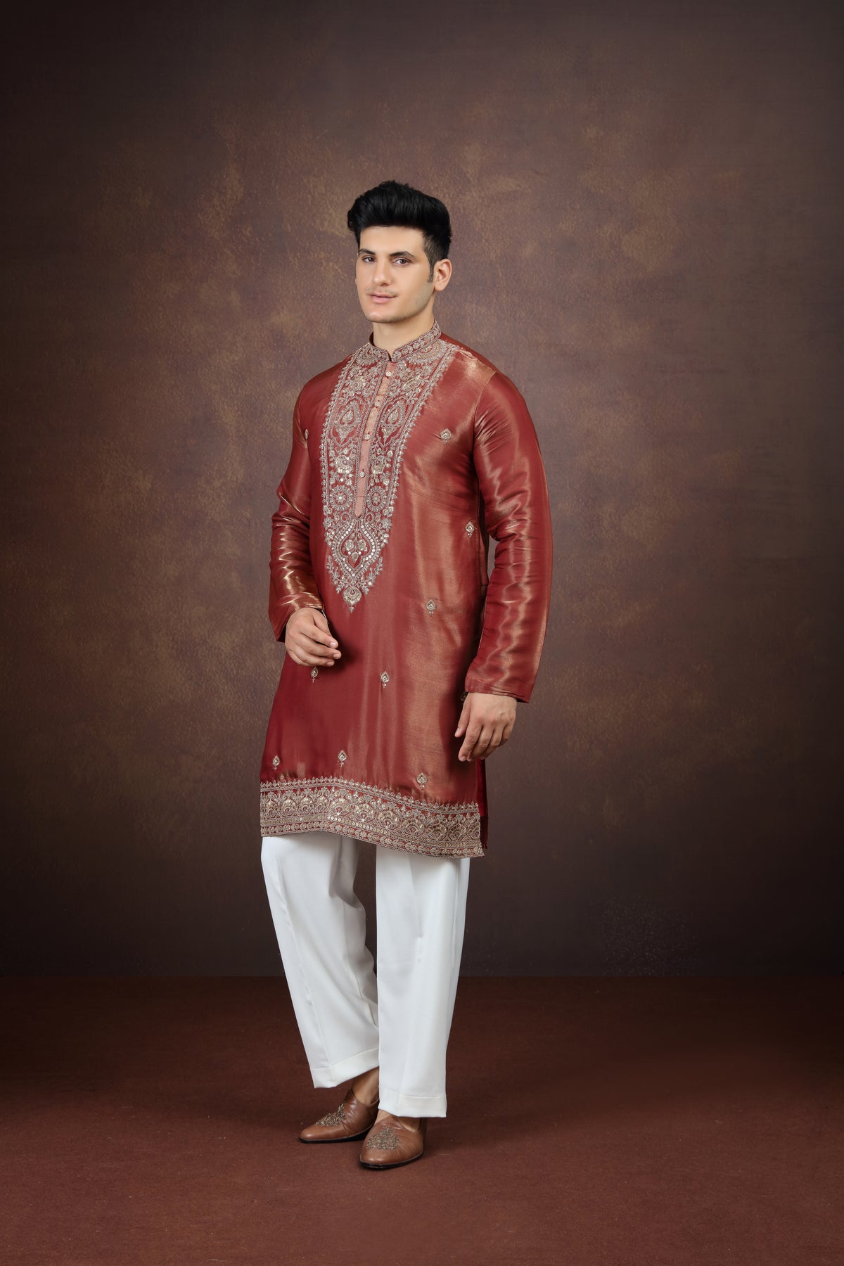 Antique Maroon Zari Placket Festive Kurta Pyjama