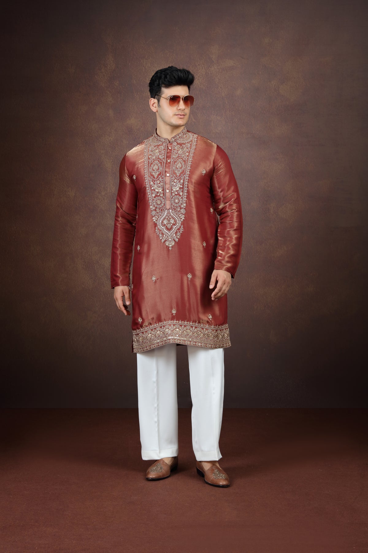 Antique Maroon Zari Placket Festive Kurta Pyjama