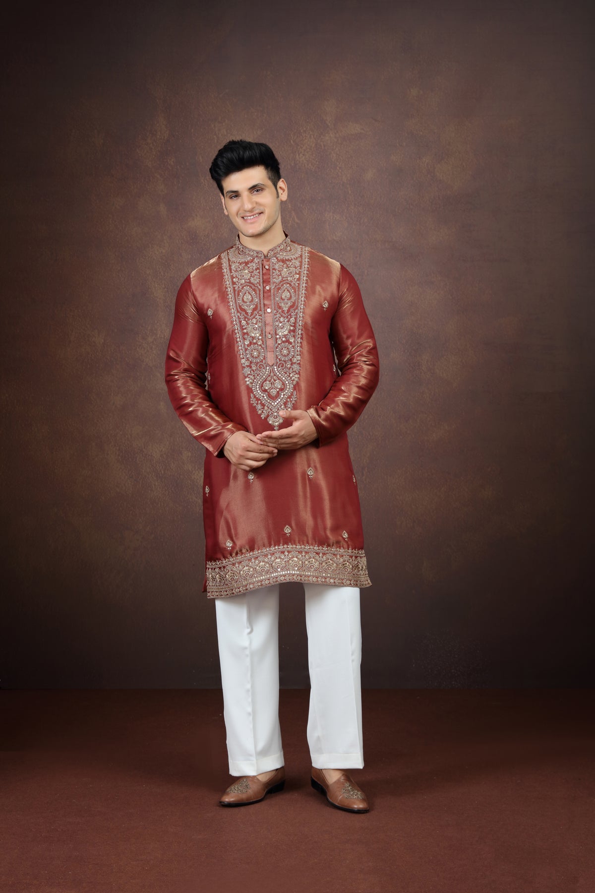 Antique Maroon Zari Placket Festive Kurta Pyjama