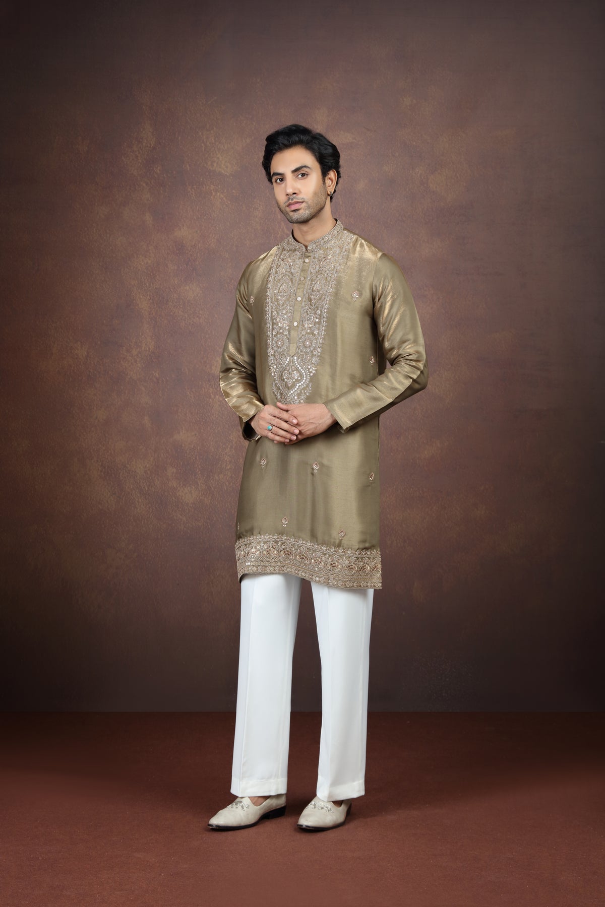 Mehandi Gold Pearl Motif Men's Ethnic Set