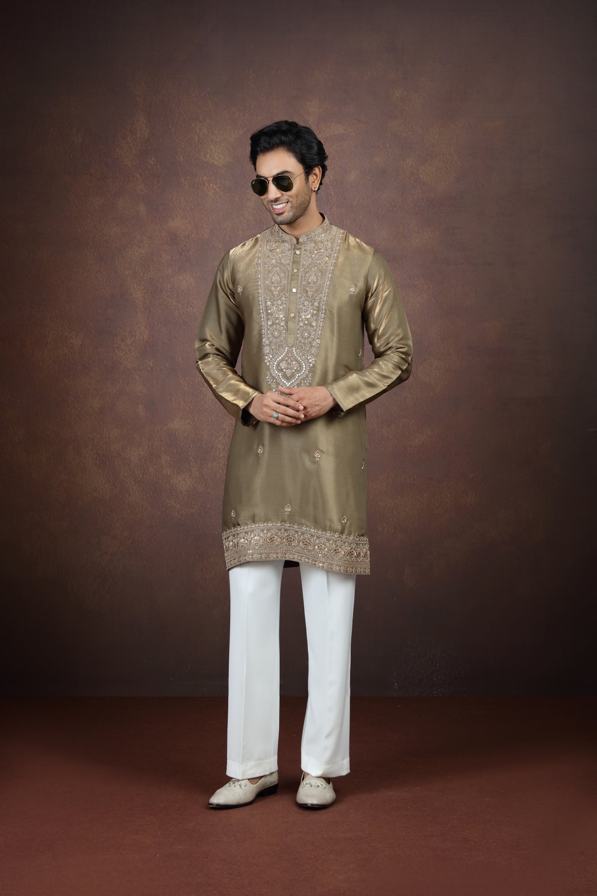 Mehandi Gold Pearl Motif Men's Ethnic Set