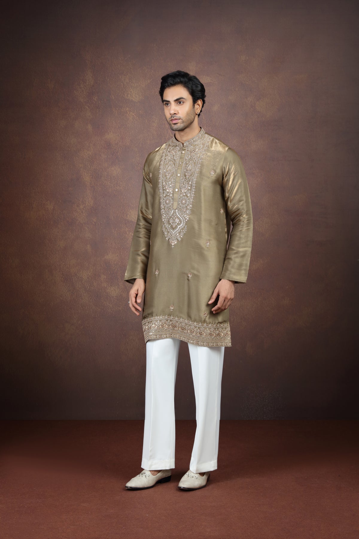 Mehandi Gold Pearl Motif Men's Ethnic Set