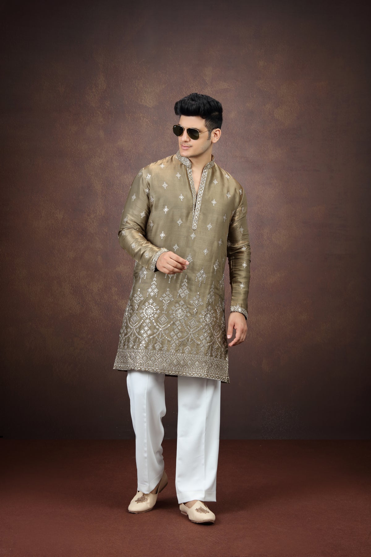 Olive Gold Pattern Work Kurta for Men