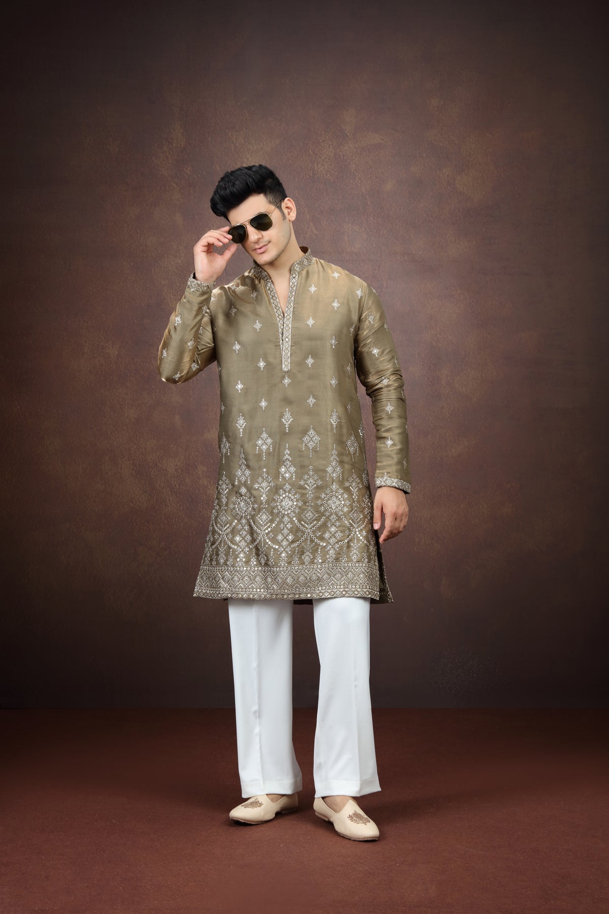 Olive Gold Pattern Work Kurta for Men