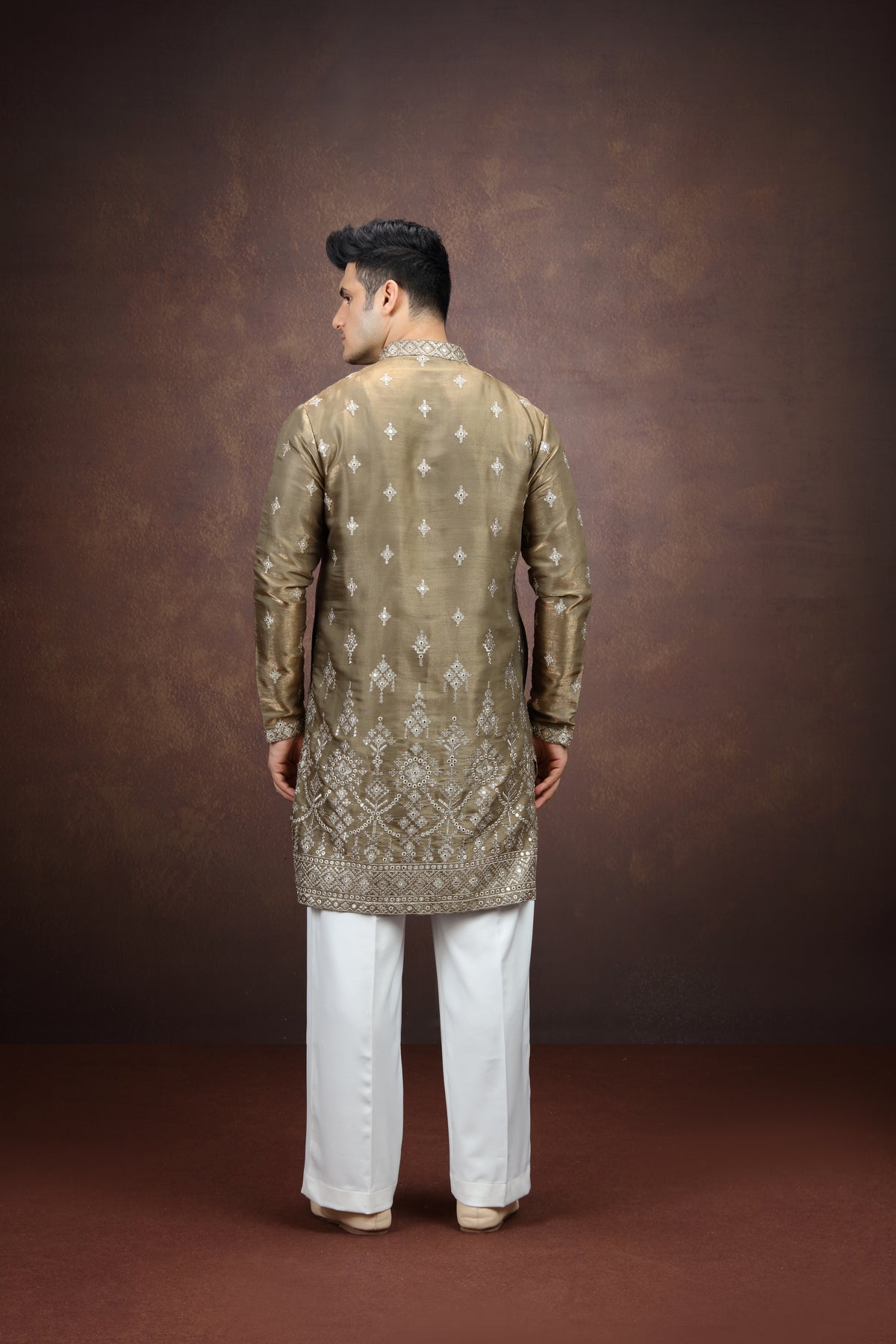 Olive Gold Pattern Work Kurta for Men