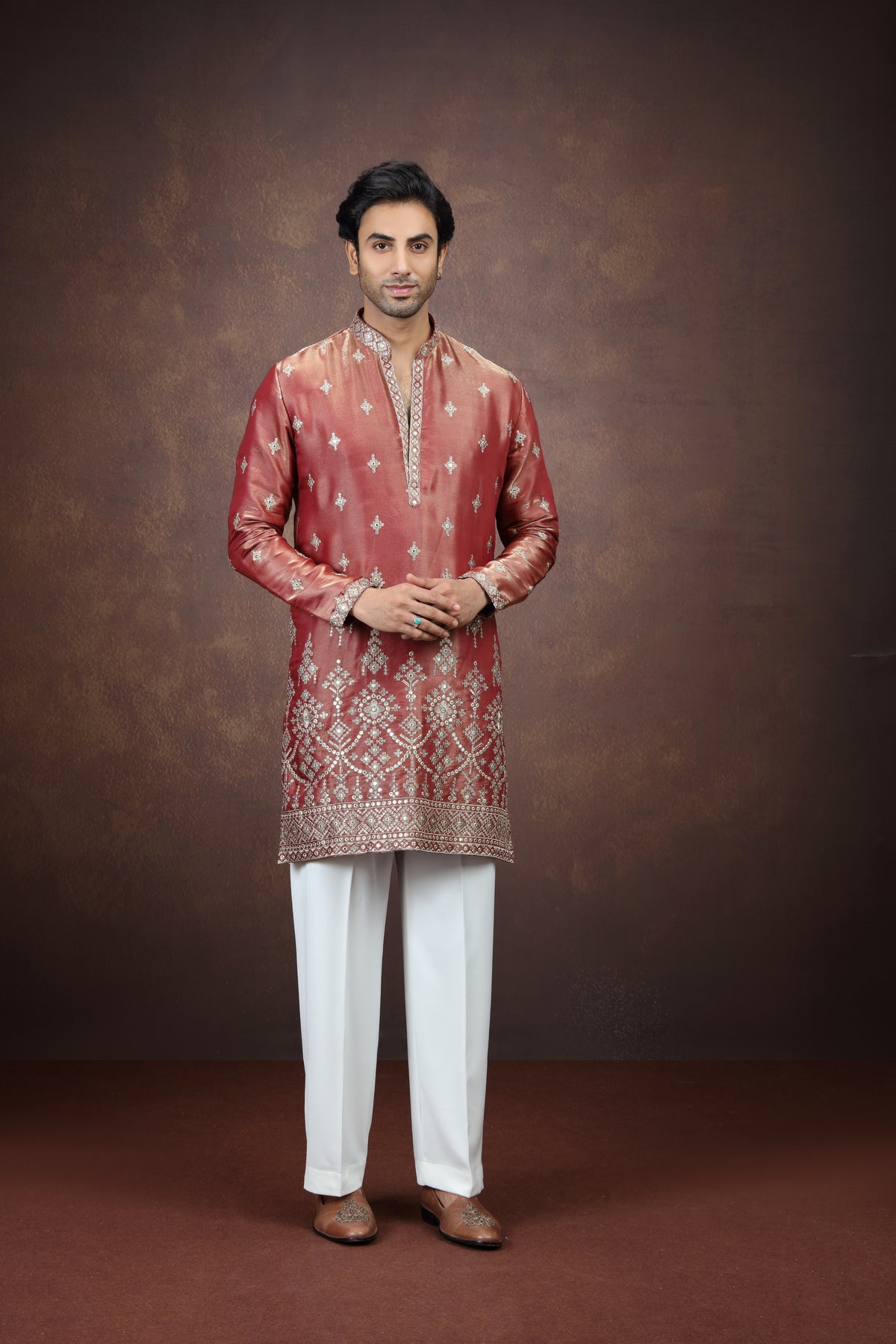 Men's Antique Maroon Embroidered Kurta Pajama Set