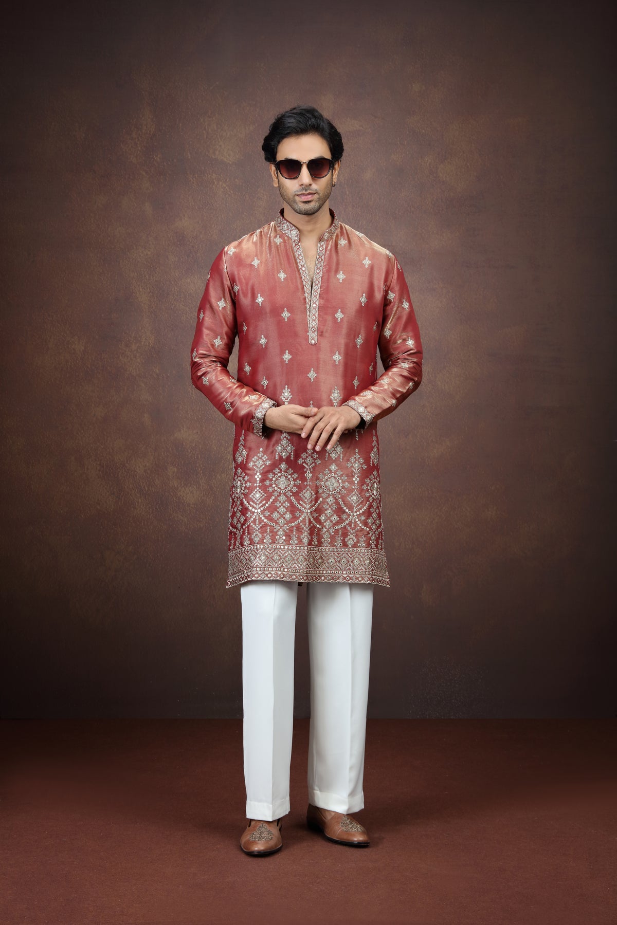 Men's Antique Maroon Embroidered Kurta Pajama Set