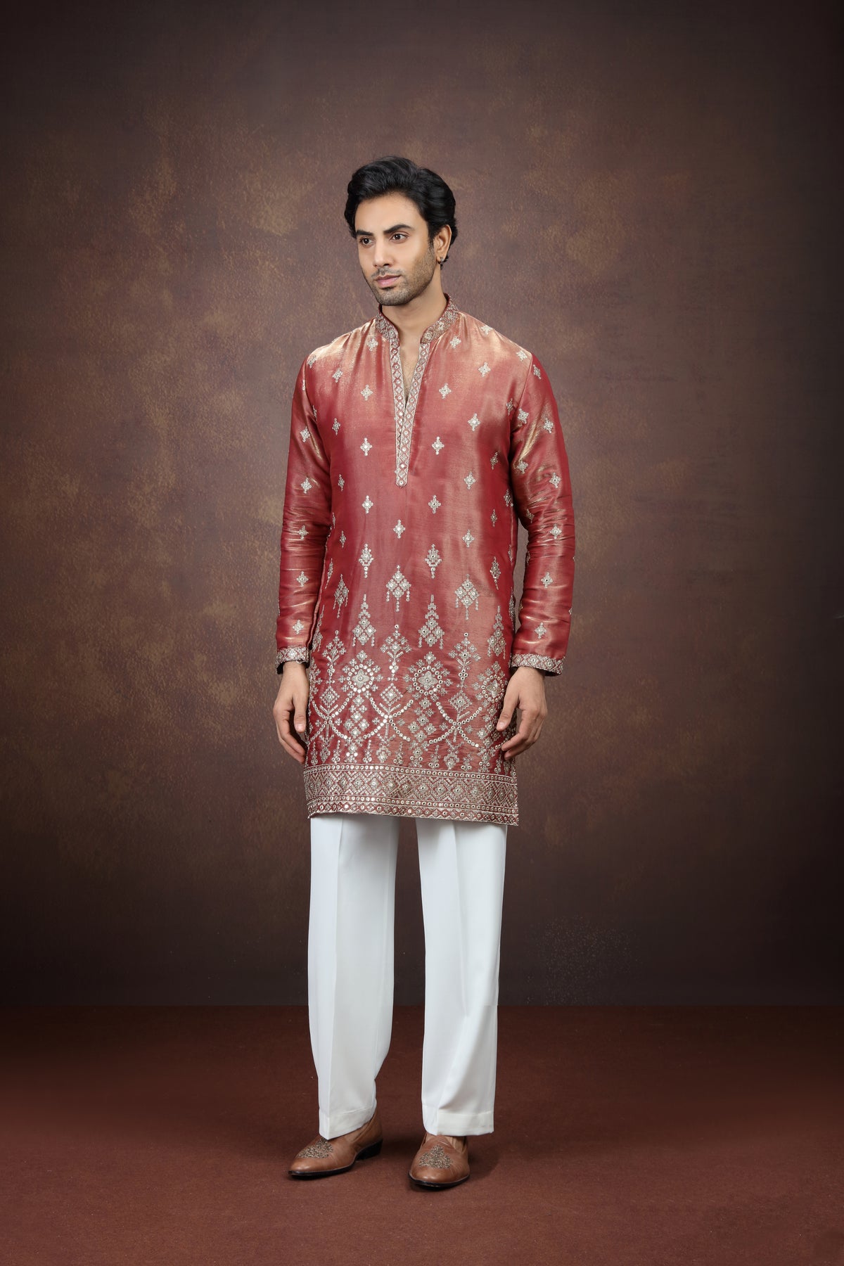 Men's Antique Maroon Embroidered Kurta Pajama Set