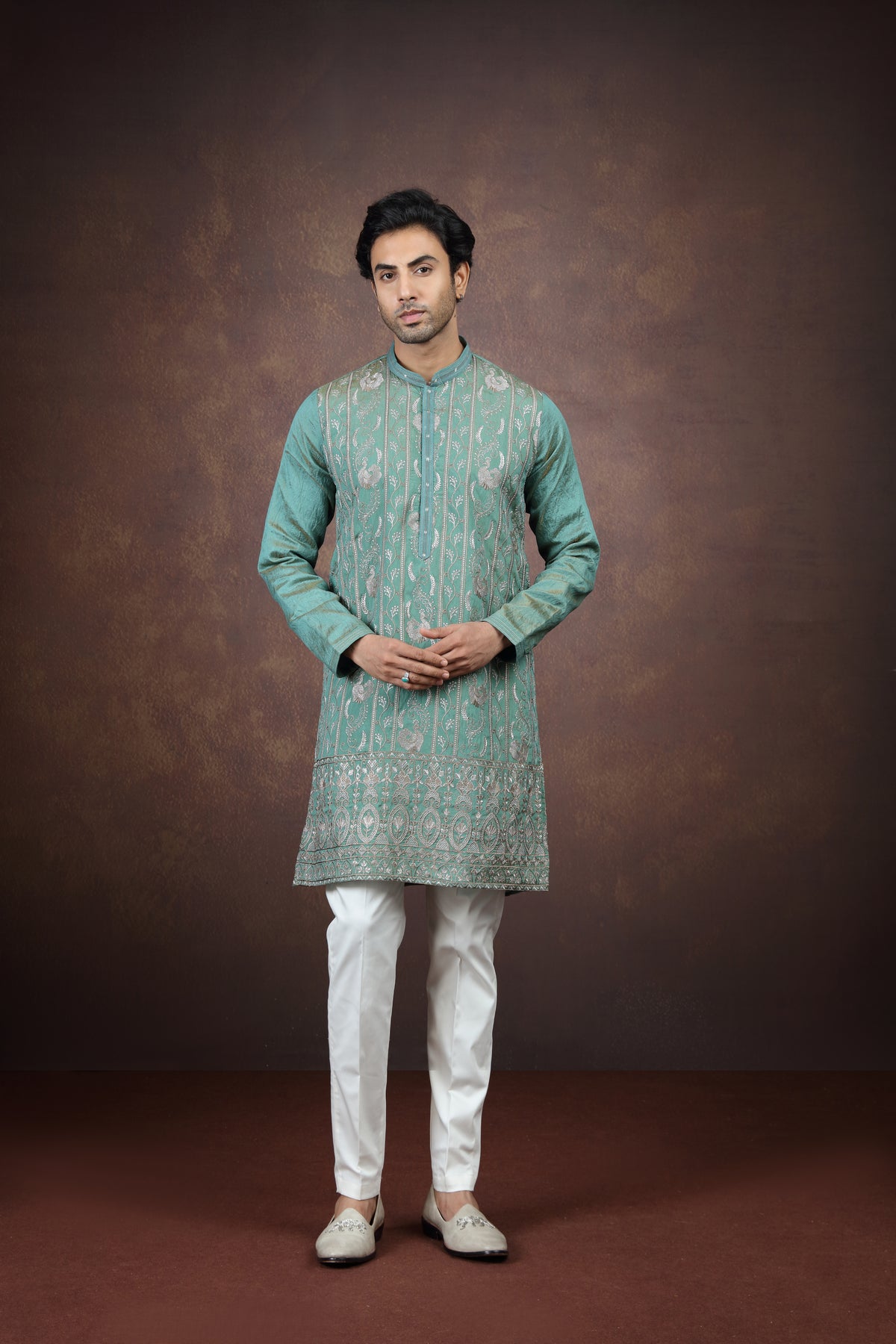 Sea Green Silk Kurta Pant Set for Men