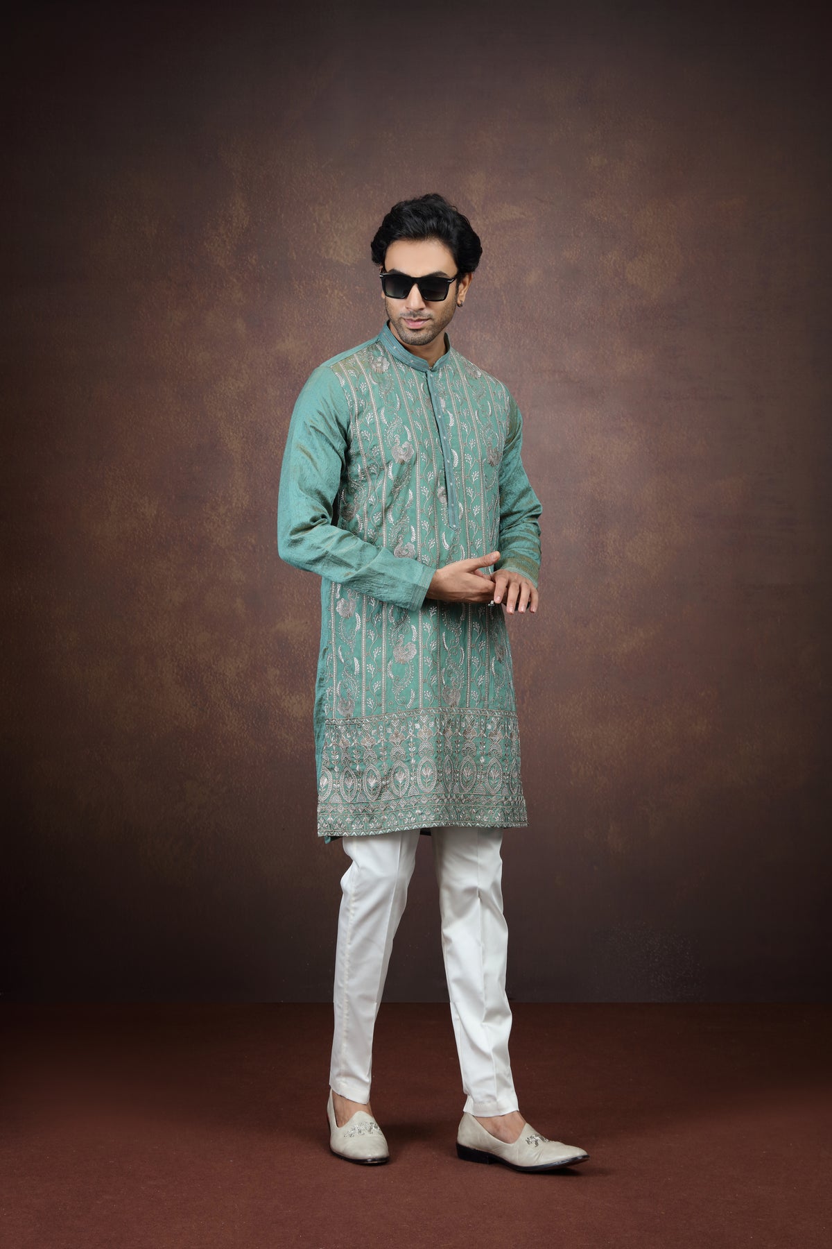 Sea Green Silk Kurta Pant Set for Men