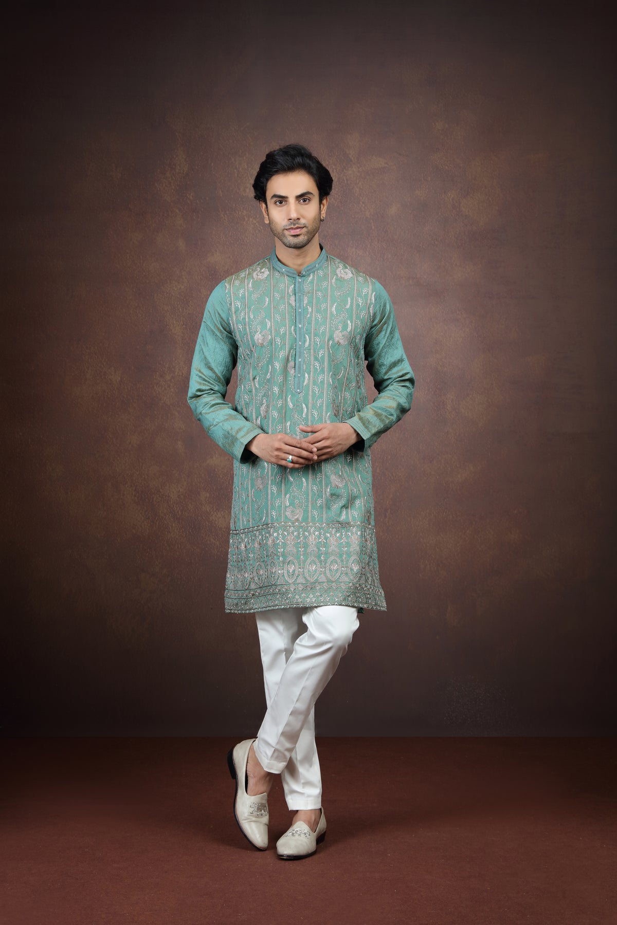Sea Green Silk Kurta Pant Set for Men
