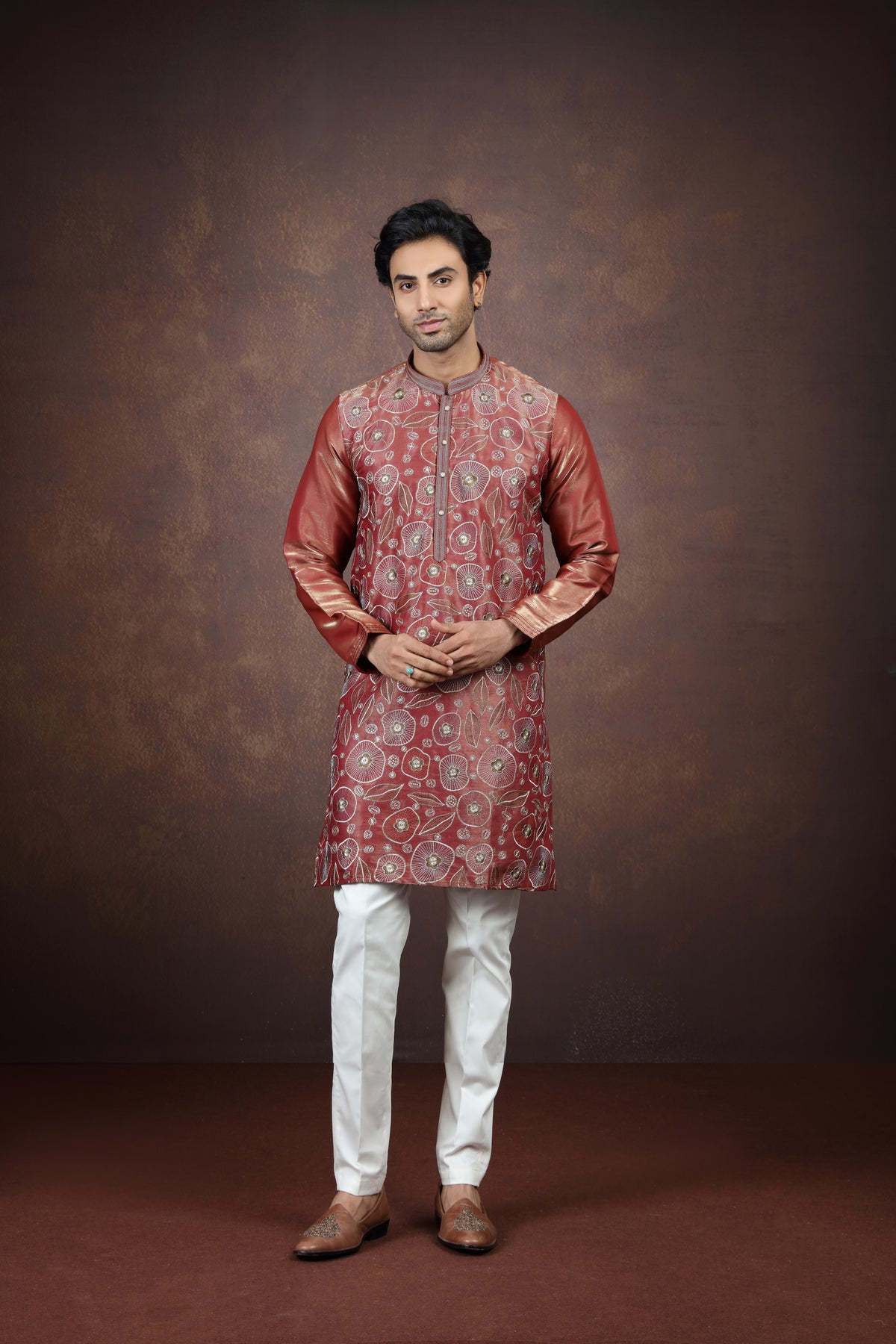 Men's Rust Floral Thread Work Ethnic Kurta
