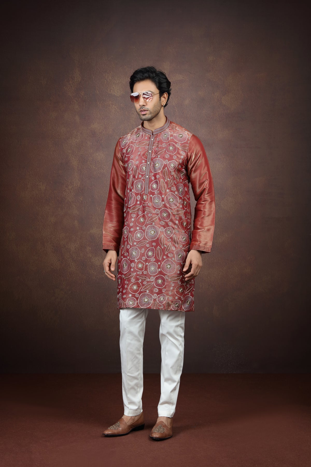 Men's Rust Floral Thread Work Ethnic Kurta