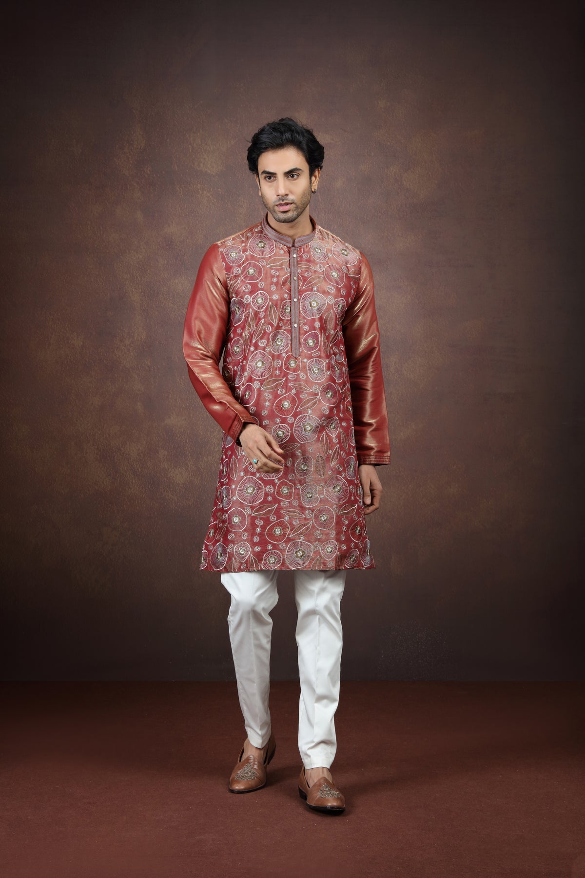 Men's Rust Floral Thread Work Ethnic Kurta