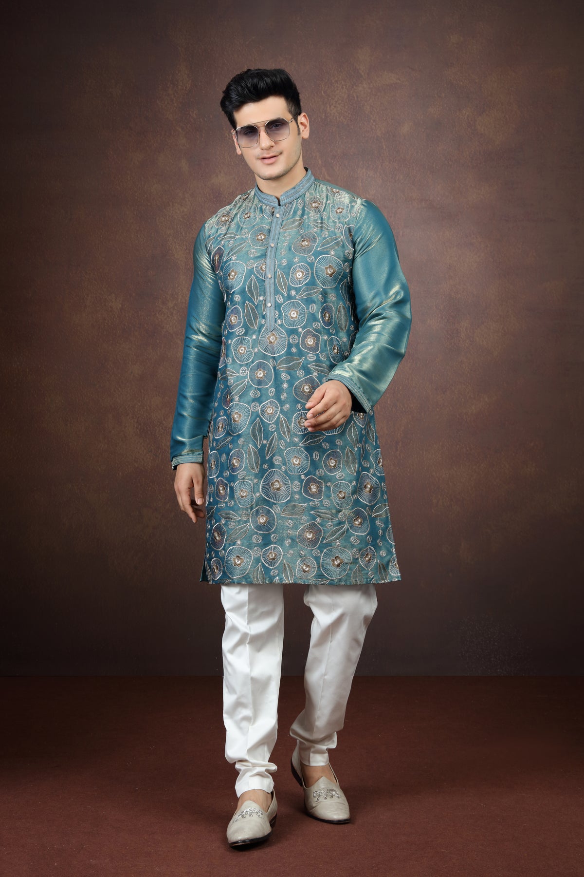 Teal Blue Silk Kurta Pajama for Men