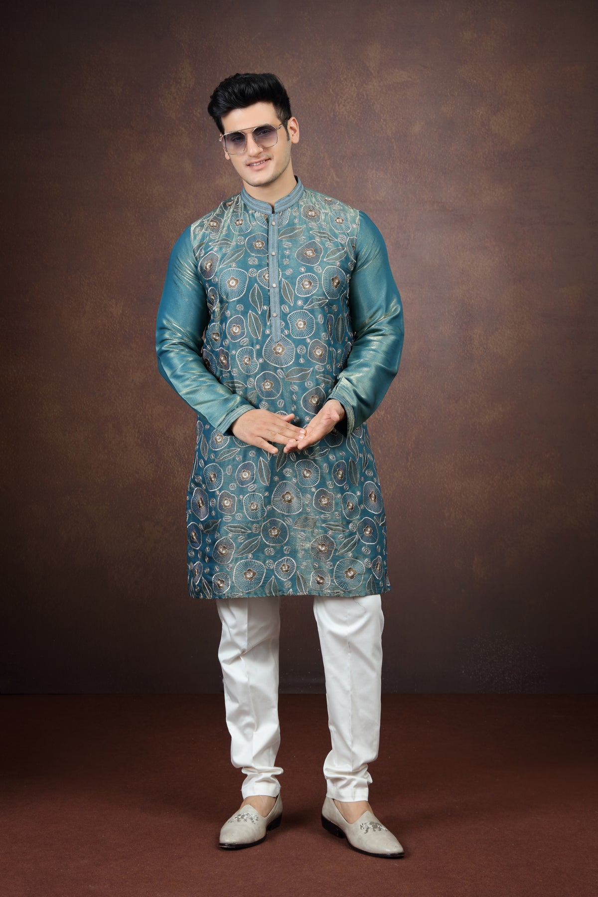 Teal Blue Silk Kurta Pajama for Men