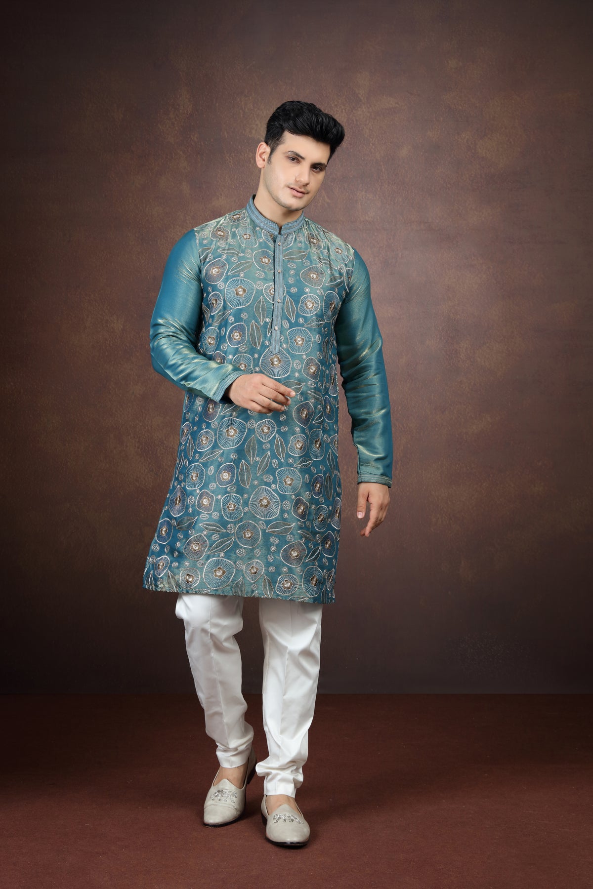 Teal Blue Silk Kurta Pajama for Men