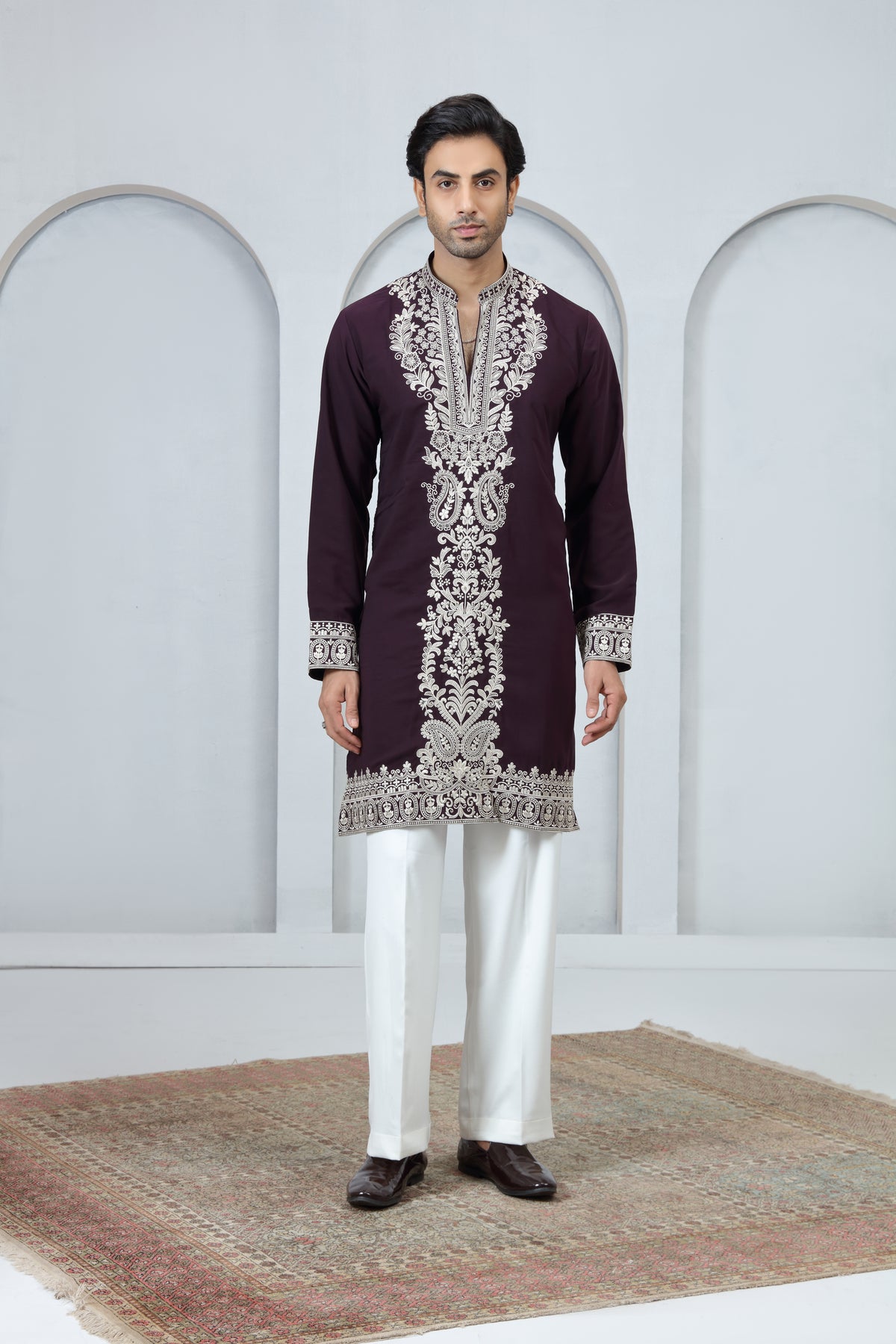 Maroon Designer Kurta for Men with White Threadwork