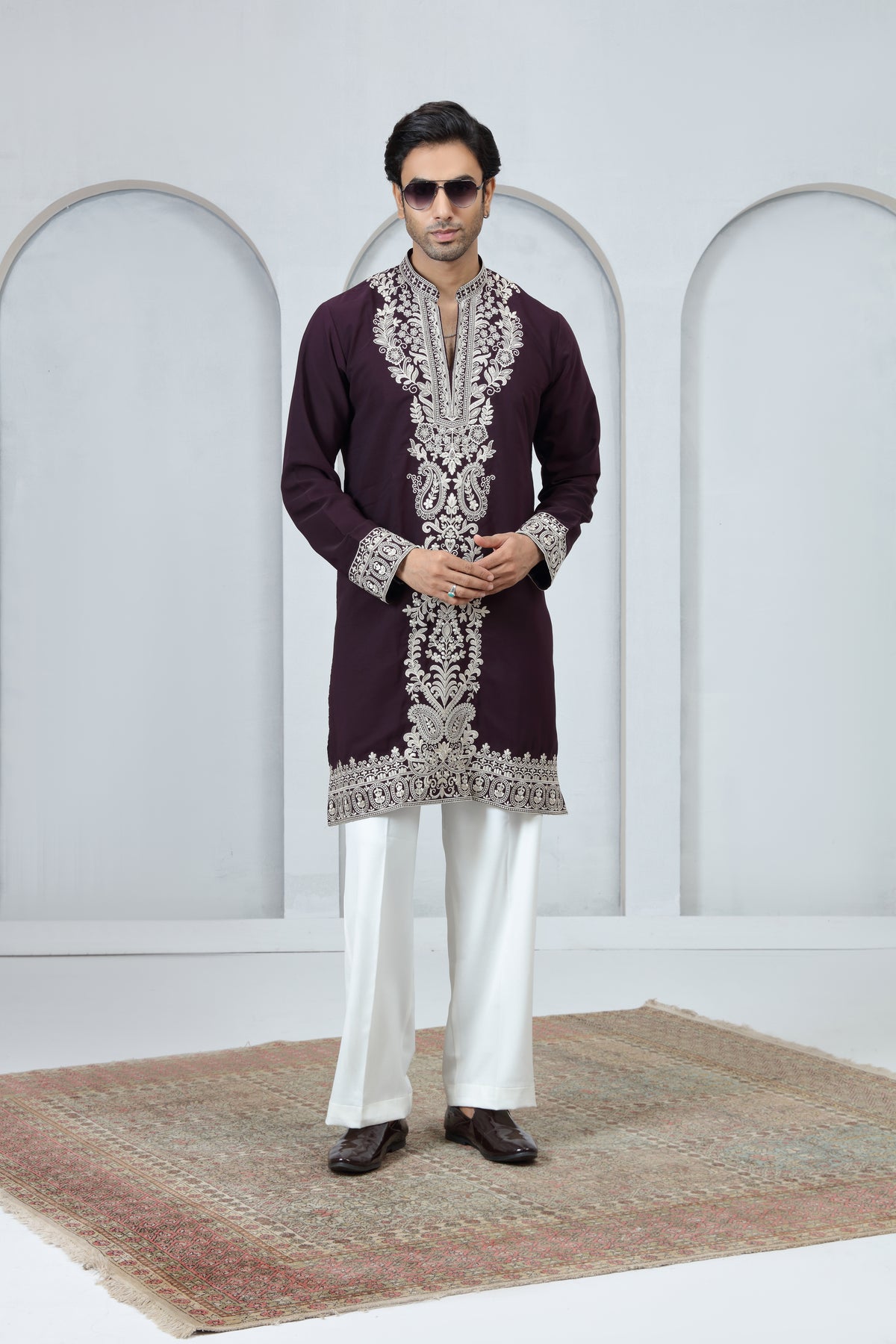 Maroon Designer Kurta for Men with White Threadwork